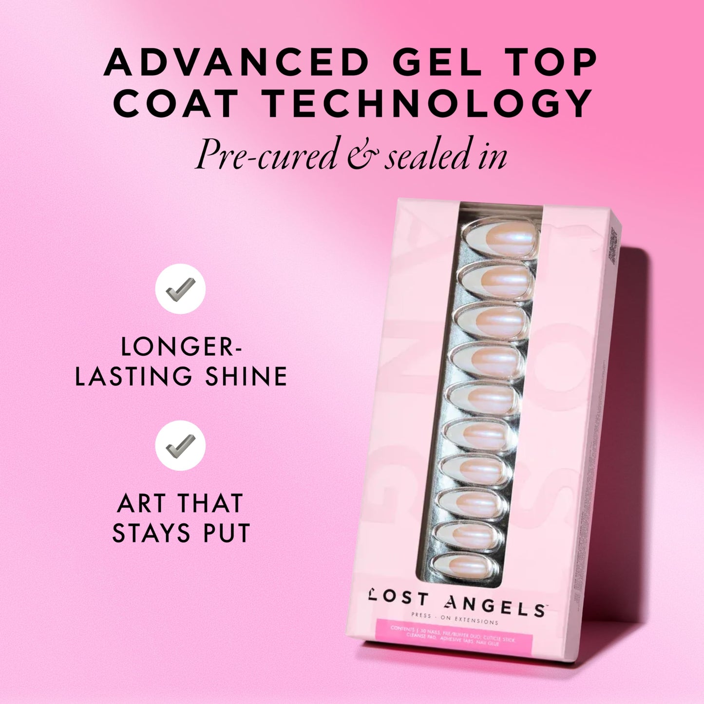 Lost Angels Gel Press On Nails French Tip - Shimmery Iridescent, Almond Shape, Medium Length Press On Nails - Easy Nail Kit with Adhesive Tab or Glue, Everything Included - 30 Fake Nail, 15 Sizes