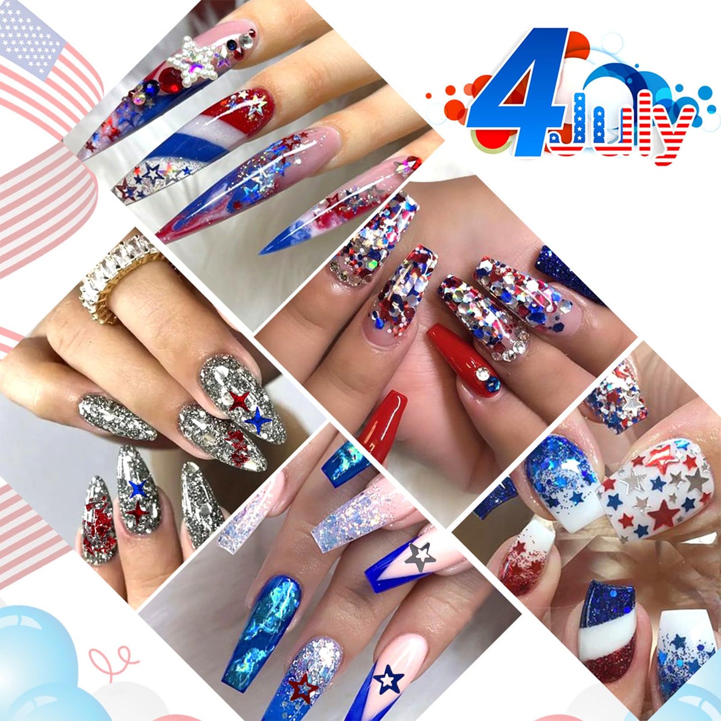 Independence Day Star Nail Glitter July 4th Nail Art Sequins Holographic Patriotic Red Blue Silver Mix Hollow Star for Women Girls Face Body Nail Art Decoration 6 Boxes
