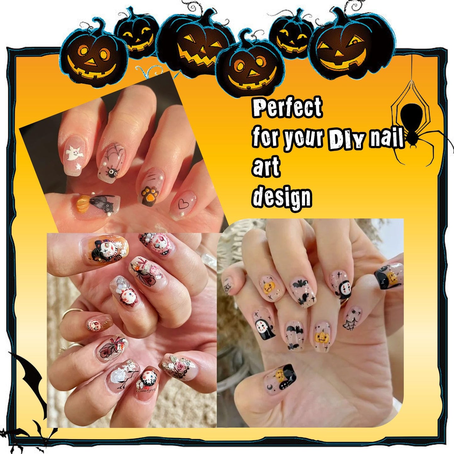 SIUSIO 15 Sheets Halloween Nail Art Stickers Cute Pumpkin Skull Ghost Party Theme 3D Self-Adhesive Horror Witchy Bat Poker Black Nail Decals Nail Supplies DIY Nail Stickers for Women Girls Kids Decor