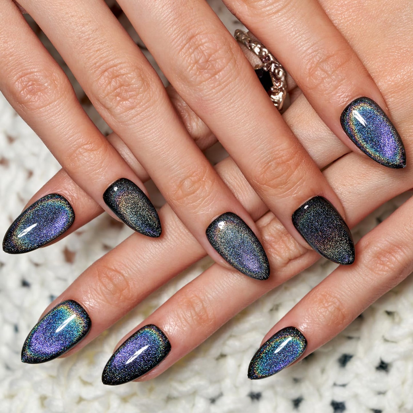 GLAMERMAID Black Blue Magnet Cat Eyes Press on Nails Short Almond, Laser Rainbow Handmade Gel Fake Nail Kit, Ombre Glitter Magnetic Glue on Nail Stiletto, Medium Oval Stick on False Nail Set for Women