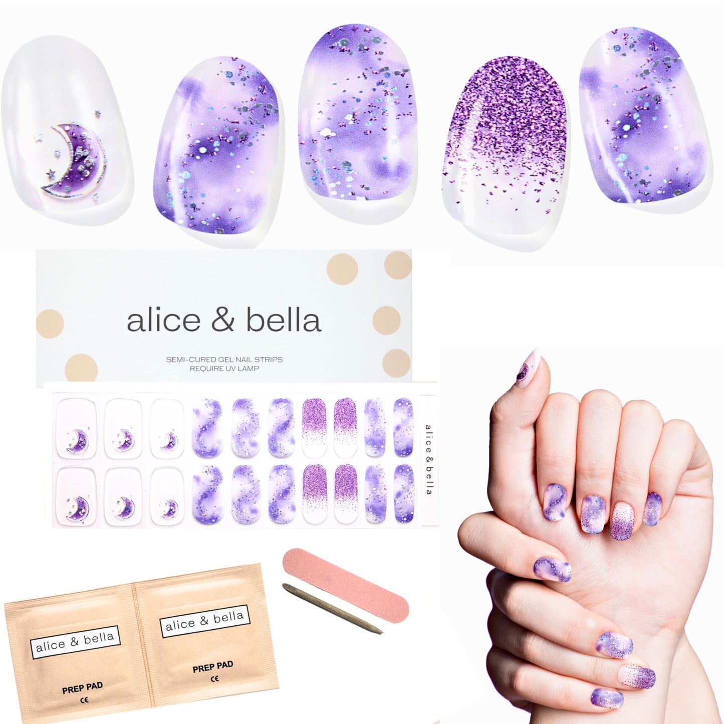 ALICE & BELLA Semi Cured Gel Nail Strips-20 PCS Purple-Blue Holographic Star-Studded Nail Strengthening Gel Stickers, Use with UV Light Lamp, Salon Quality Manicure Wraps (Misty Dream)