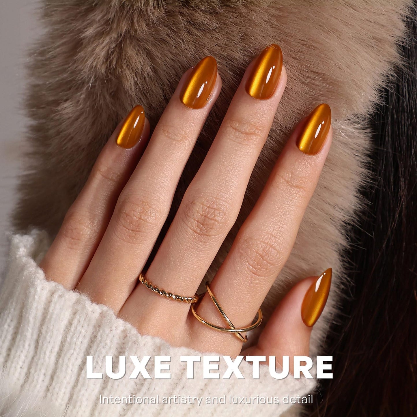 Orange Press On Nails Short Almond - GJZEZ Soft Gel Amber Cat Eye Nails Press Ons Fall Thanksgiving, Salon Quality Magnetic Cateye Glass Glue On Nails | 16 Sizes - 32 pcs Reusable Nail, Maple Syrup