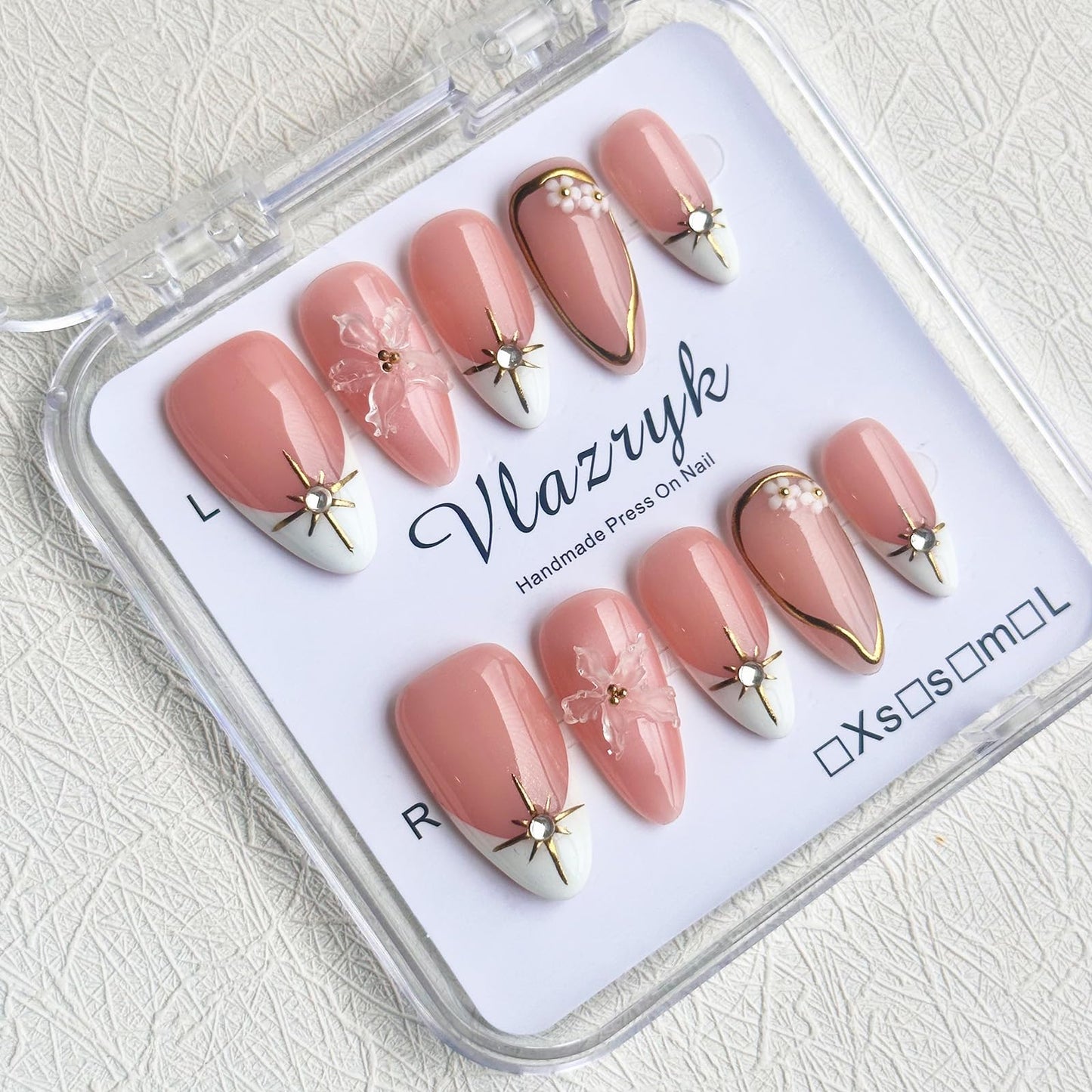 Short Brown French Tip Press On Nails ，3D Metallic Rhinestones style Design Handmade Press On Nails ，Reusable Glam Art Acrylic False Nails S SIZE
