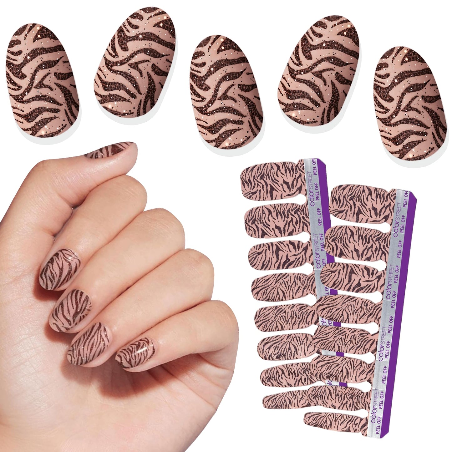 Color Street Born to Be Wild Nail Strips - Brown & Taupe Animal Print with Gold Glitter, Glitter Finish, 16 Double-Ended Nail Polish Strips