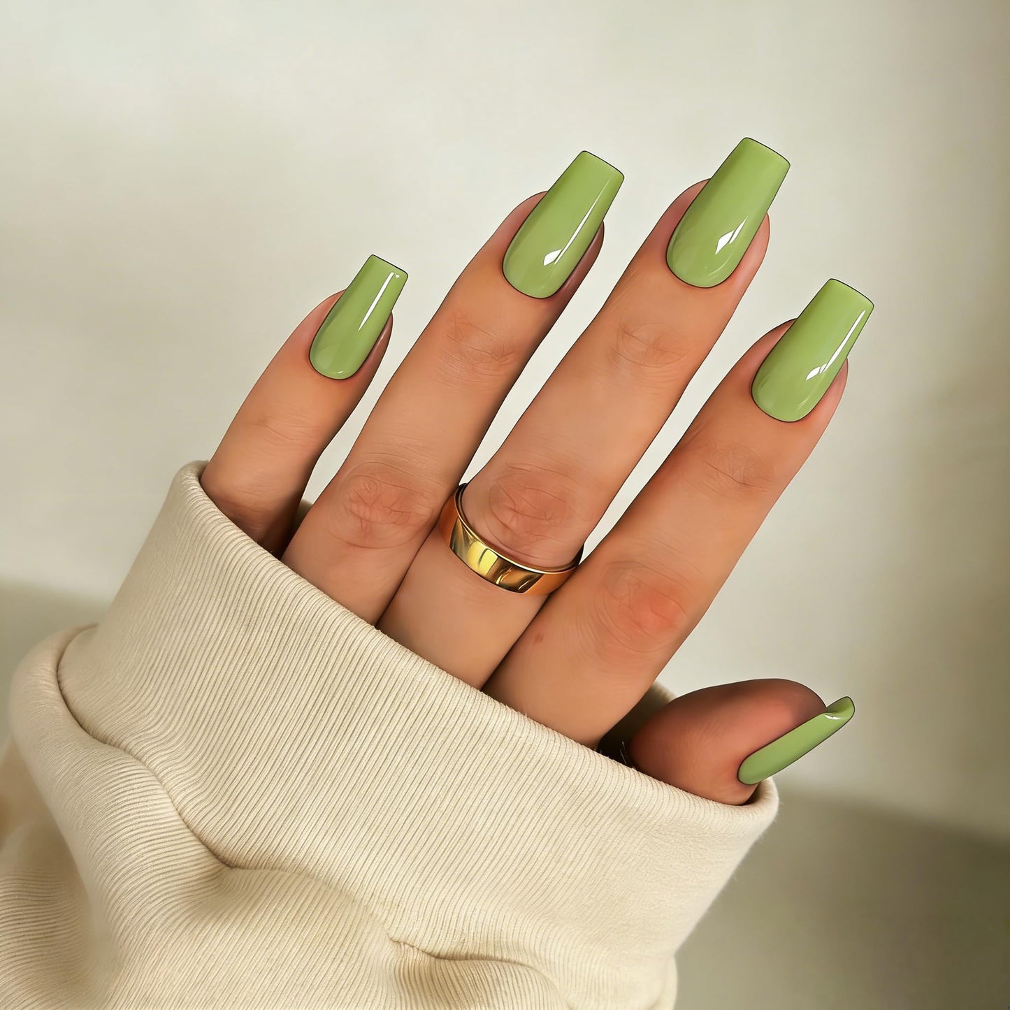 SXVME Press On Nails Long Square - Olive Green Press on Nails with Glue for Women, Natural Simple Fake Nails Press ons Medium, Glossy Soft Gel Glue on Nails Coffin, Reusable Nail Stick Ons, 24 Pcs