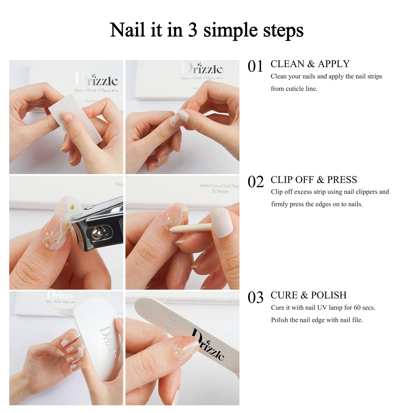 Drizzle Semi Cured Gel Nail Strips, Real Nail Polish Art Stickers (UV/LED Light Required), Glossy, Glitter, Solid Color, Full Nail Wraps - Long Lasting, Waterproof - Dress Up Decal