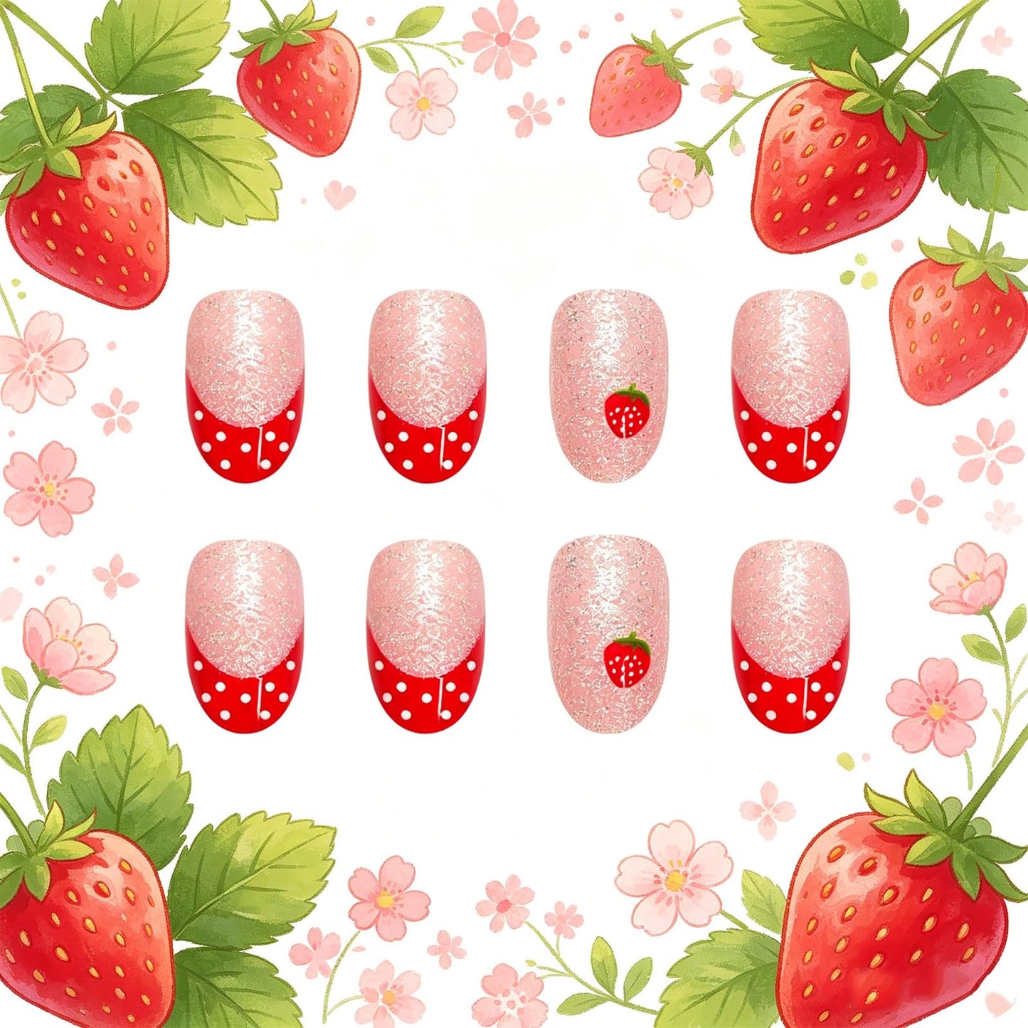 Strawberry Press on Nails Red French Tips False Nails with Fruit Design Medium Oval Fake Nail Glossy Silver Glitter Glue on Nail White Polka Dots Stick on Fingernails for Women Summer Daily Wear