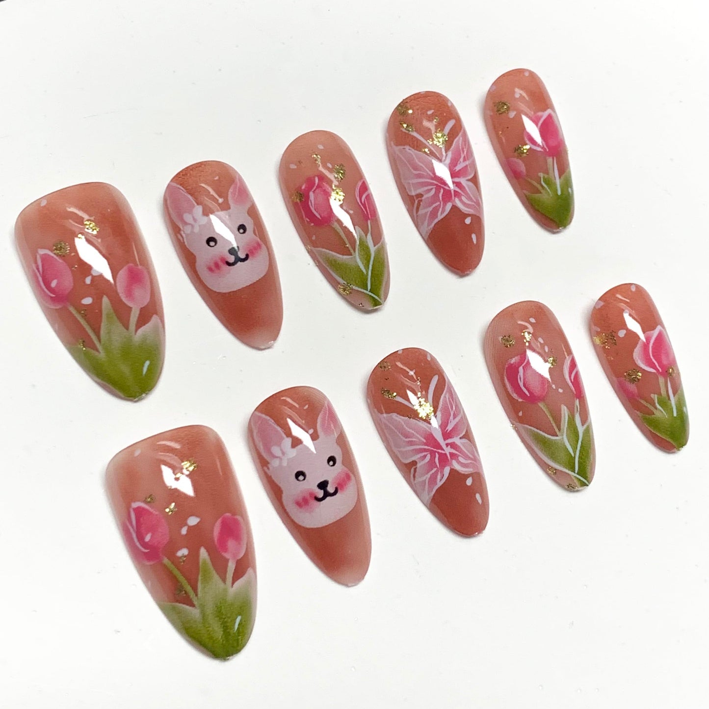 BABALAL Press On Nails, Short Almond Fake Nails, Pink Blossom With Bunny & Floral, Cute Kawaii Spring Summer Glossy Glue On Nails For Women And Girls Kids 24Pcs