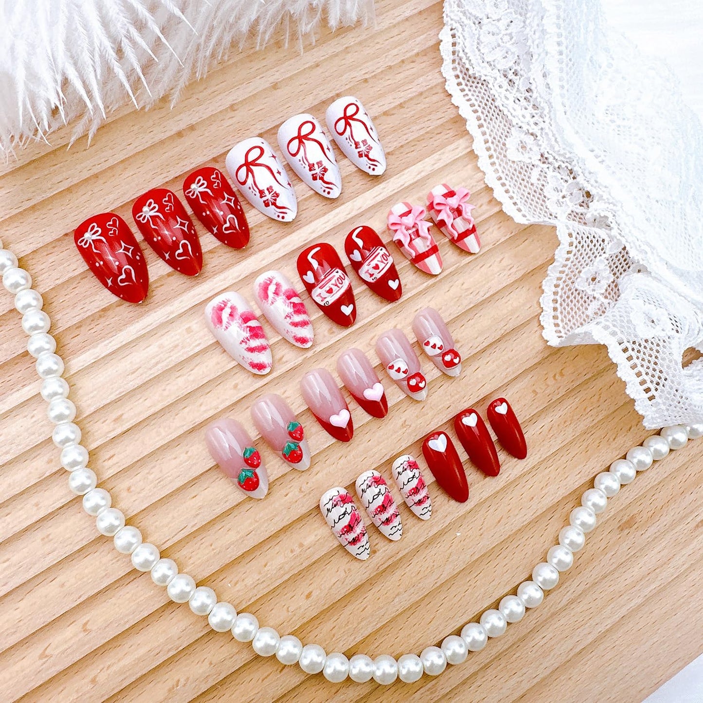 24Pcs Valentines Press on Nails Medium Almond Fake Nails with Heart Bow Rhinestones Romantic Red Lips False Nails 3D Strawberry Acrylic Nails Valentine Hearts Full Cover Stick on Nail for Women