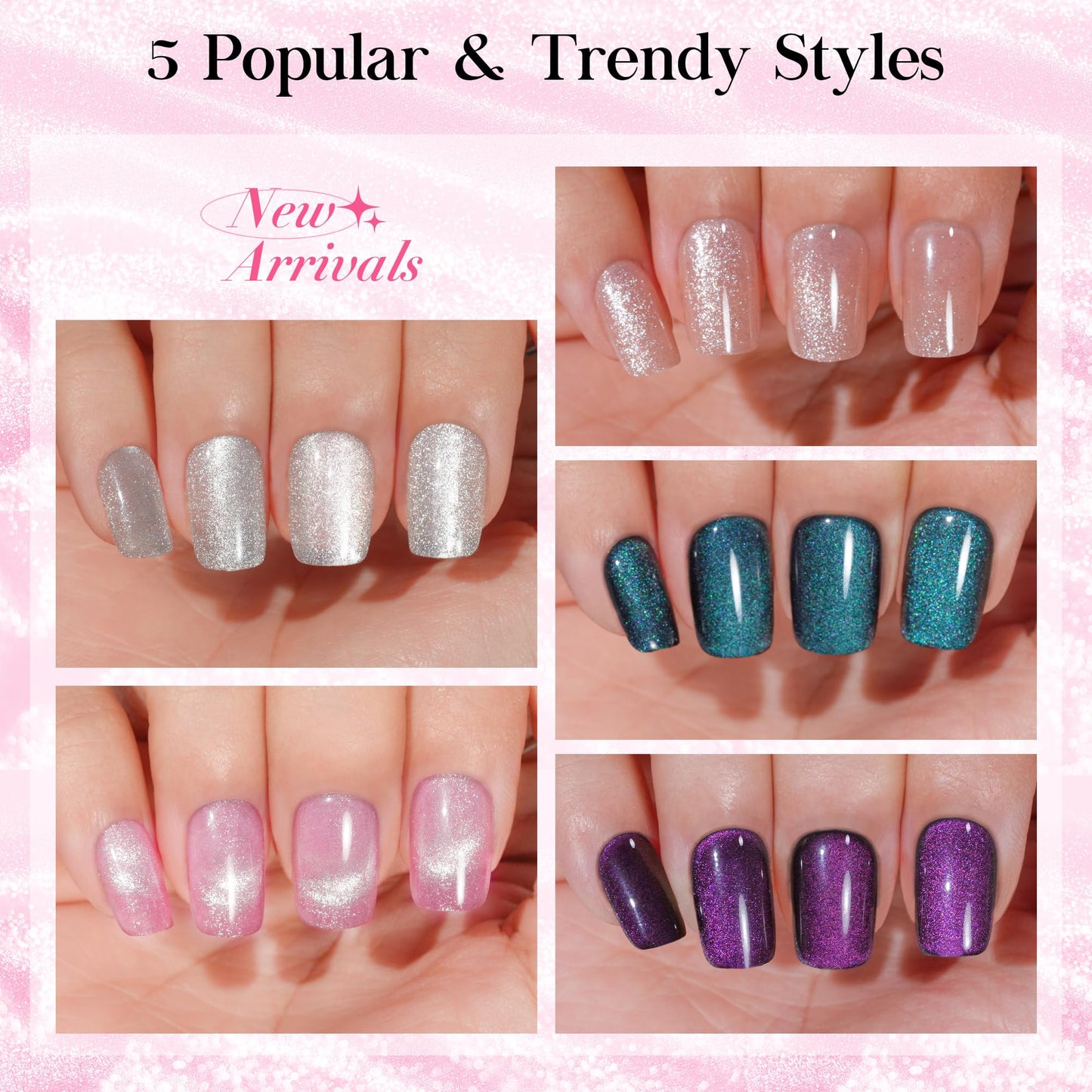 Jofay Fashion Cat Eye Press on Nails - Short, Salon-Like Fake Nails with Glitter Galaxy Chasing Light Cat Eye Designs