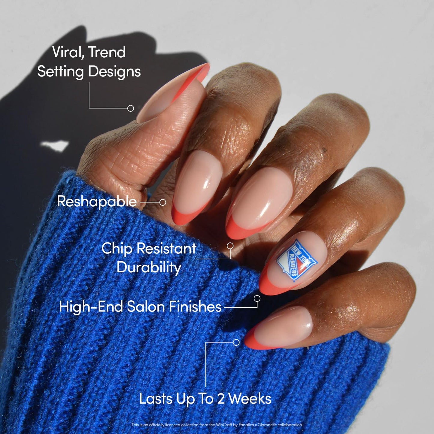 Glamnetic x Fanatics Press On Nails - New York Rangers | Short Almond Fake Nails, NHL Rangers Red French Tips, Hockey Nails, Salon-Quality | 15 Sizes - 30 Nail Kit with Glue
