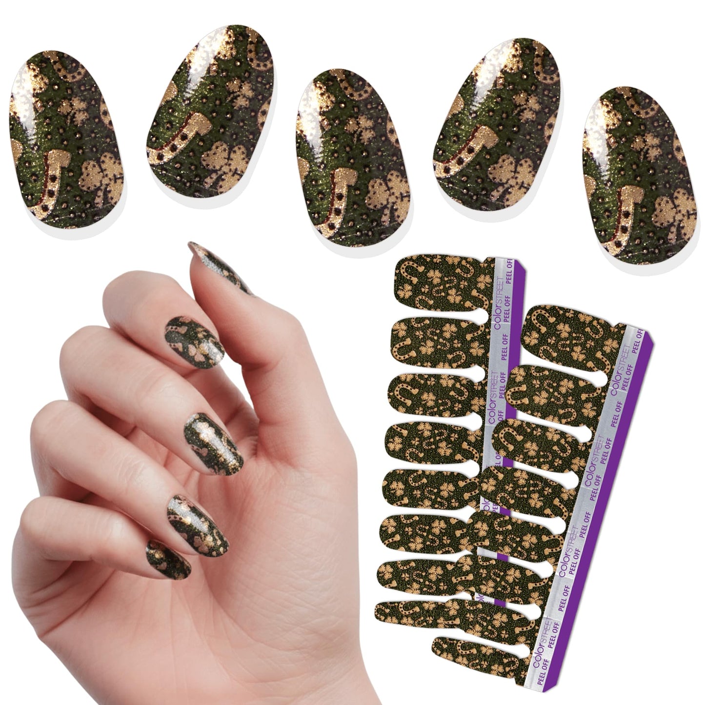Color Street - Lucky You - Shimmery Deep Green and Gold Design Nail Polish Strips with Glossy Finish, Real Nail Polish Strips, St. Patrick’s Day Manicure Set - 16 Strips