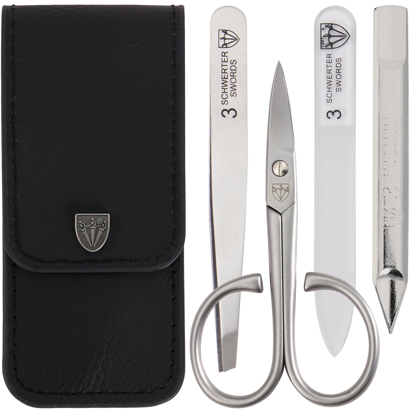 3 Swords Germany - brand quality 3 piece stainless steel INOX manicure pedicure grooming kit set for professional finger & toe nail care scissors file tweezers genuine leather case in gift box (03881)