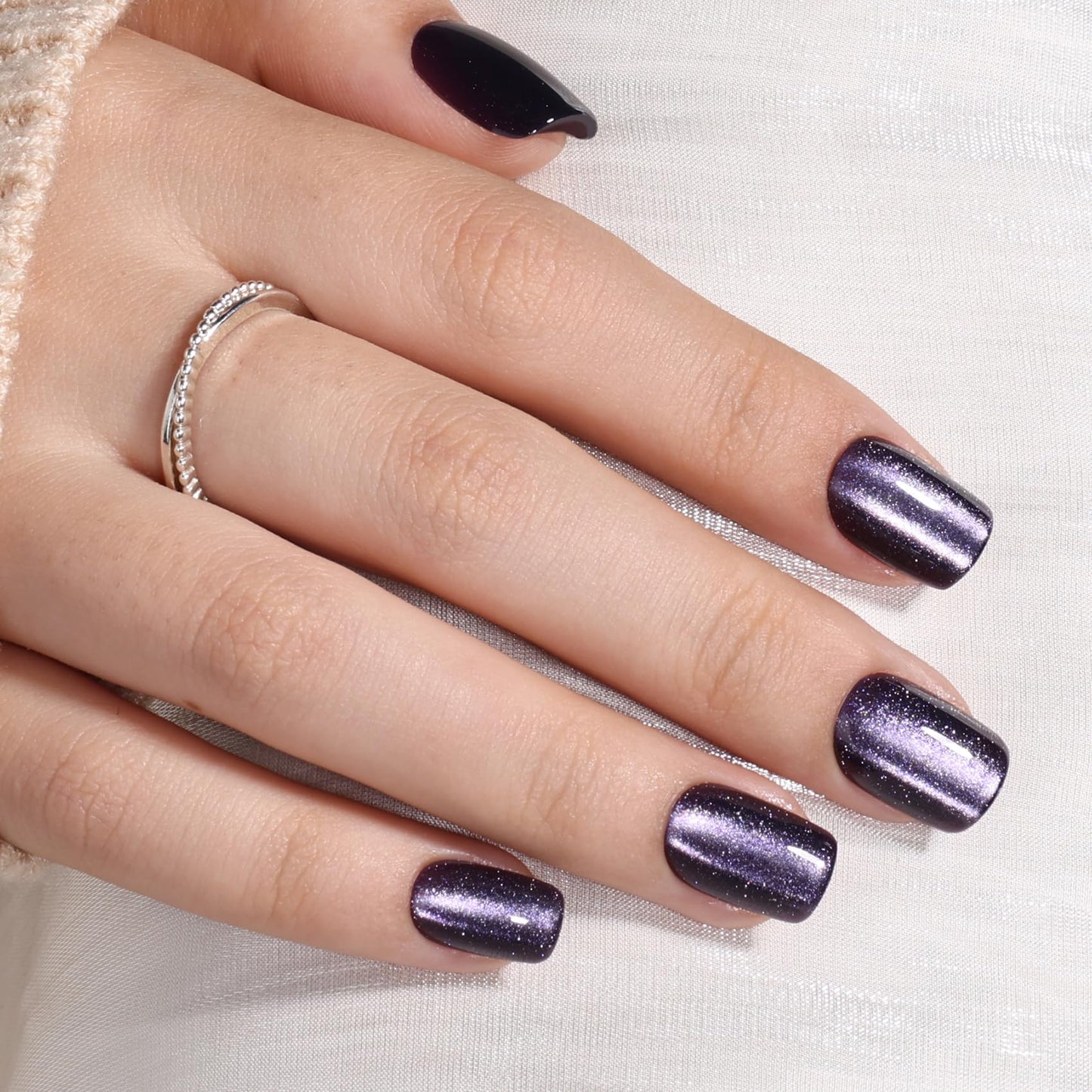 Purple Cat Eye Press On Nails Square - Short Square Fake Nails with Nail Glue, Dark Purple Cateye Press On Nails Reusable Stick On Nails in 15 Sizes 30 Nail Kit for Women & Girls | Salon Quality