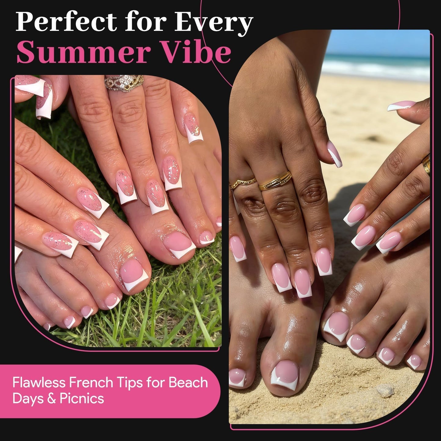60Pcs Light Pink French Tip Press on Nails & Press on Toenails Set, Square Fake Nails Kit with Nail Glue, 15 Sizes Acrylic Full Cover Toe Nail Press Ons Stick on Nails for Women DIY Home Manicure