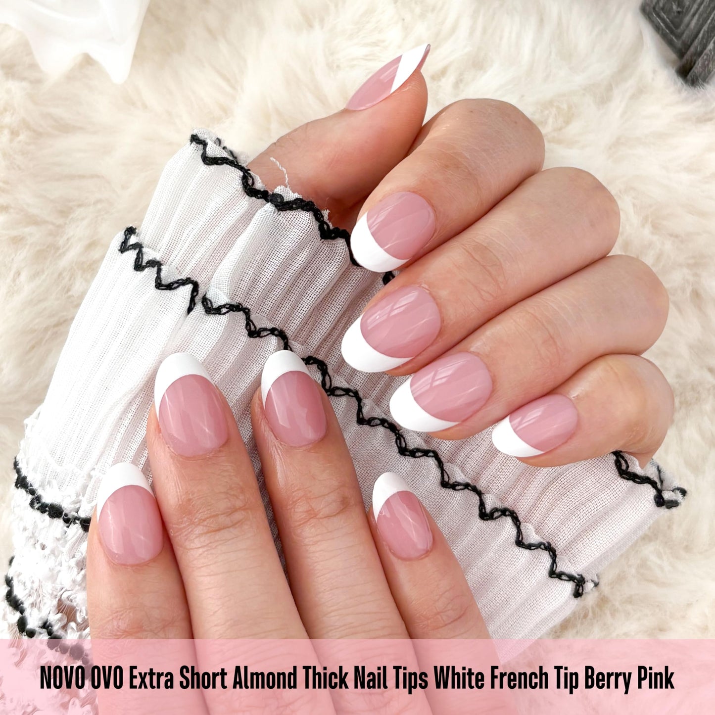 NOVO OVO Extra Short White French Tip Almond Nail Tips Press on BERRY PINK, Thick Soft Gel Fake Acrylic Extension, Need Builder Gel Top Coat, No Glue Included, for Salon DIY x 16 Sizes 224 pcs