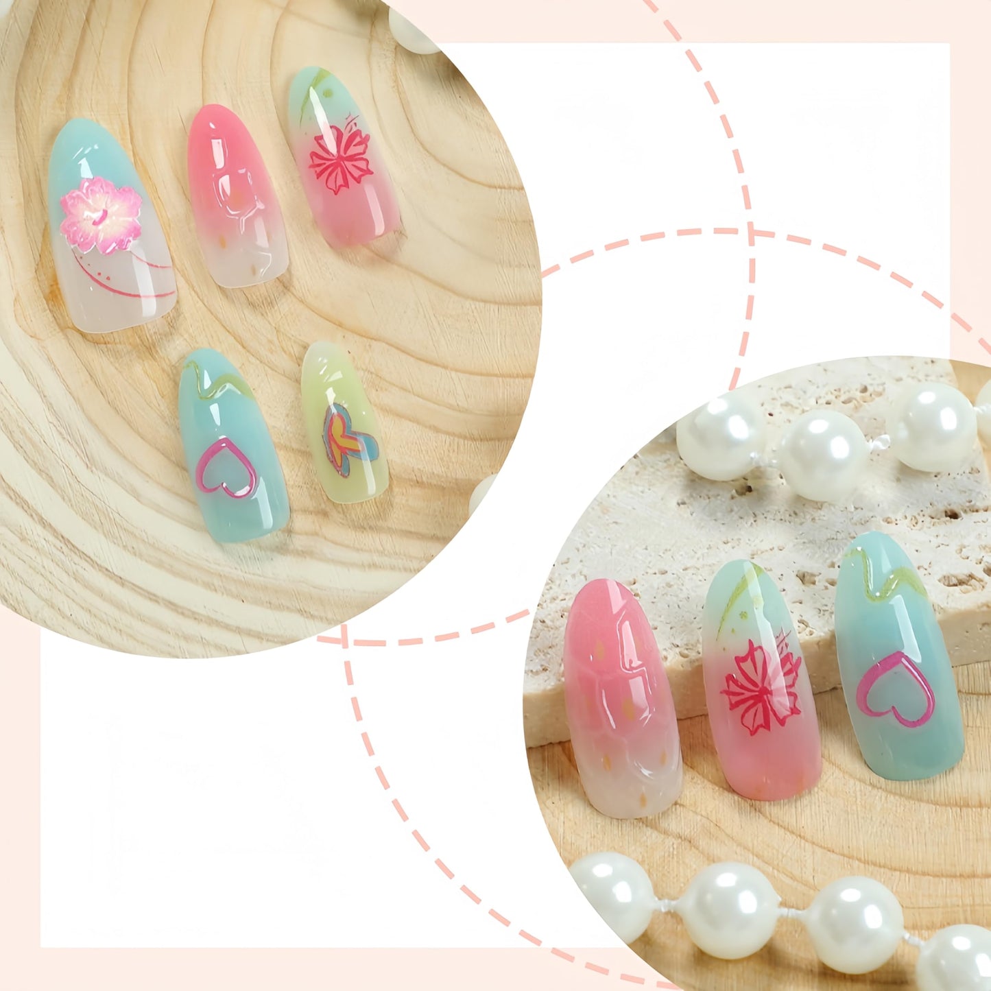 24Pcs Summer Press on Nails Medium Almond Fake Nails with 3D Starfish Flowers Designs Summer Beach False Nails Pearl Glue on Nails Handmade Full Cover Acrylic Nails Stick on Nails for Women DIY