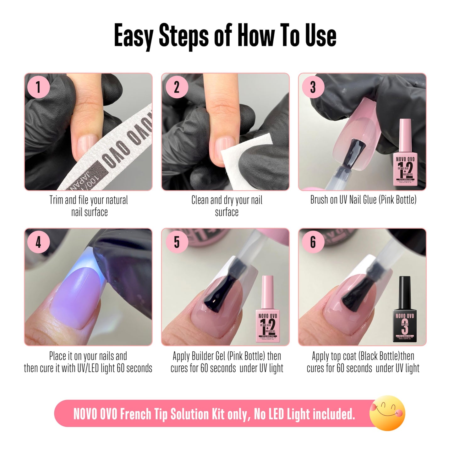 NOVO OVO UV Nail Glue and Builder Gel 2 in 1, No Wipe Top Coat Kit for Predesigned French Tip Nail Tips, HEMA TPO FREE, Super Strong Adhesive for Press on Acrylic Nails, Long Lasting, Easy to Use