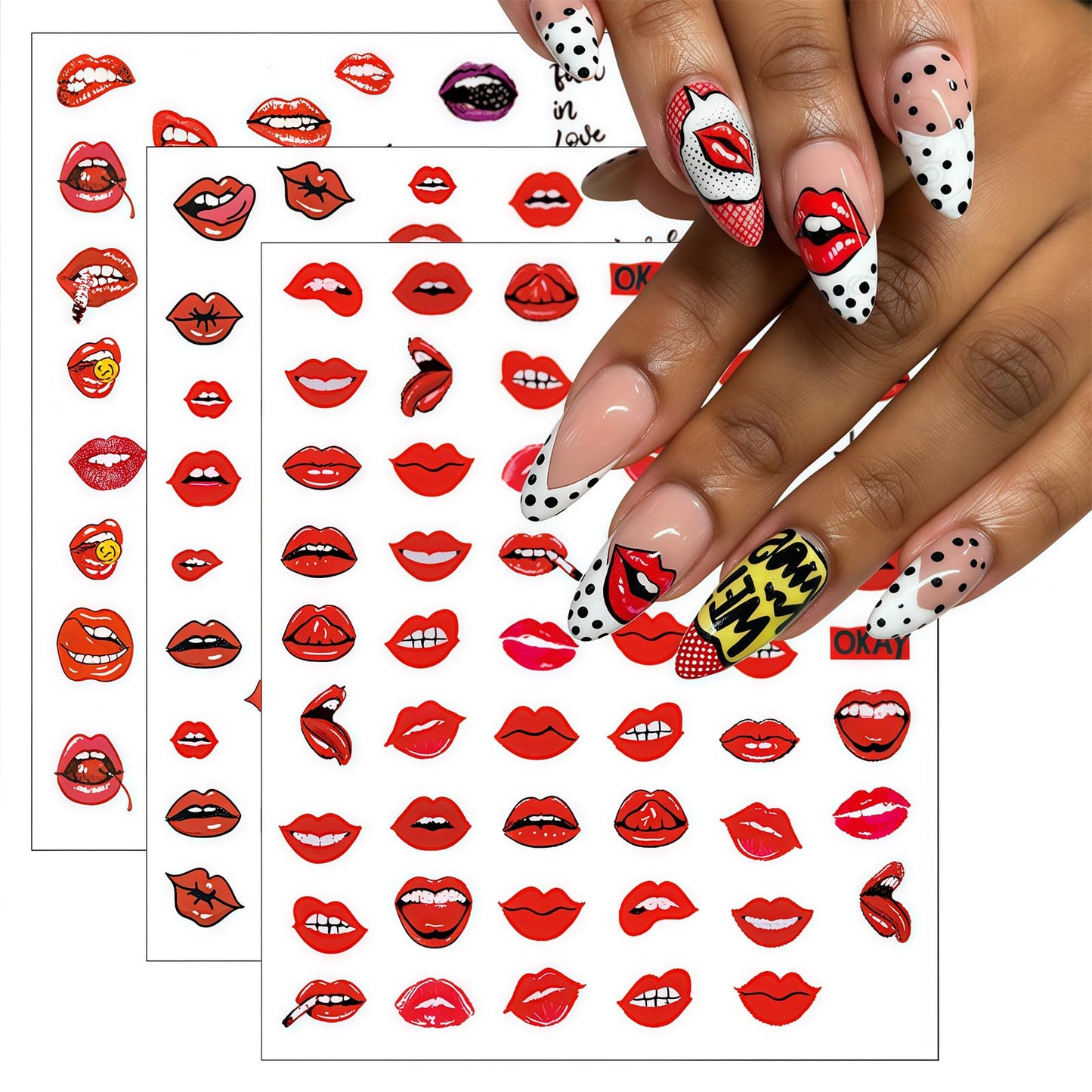 3 Sheets Embossed Valentine's Day Lips Nail Art Stickers 5D Self-Adhesive Sexy Red Lips Nail Decals Suitable for Women's Nail Art Decoration