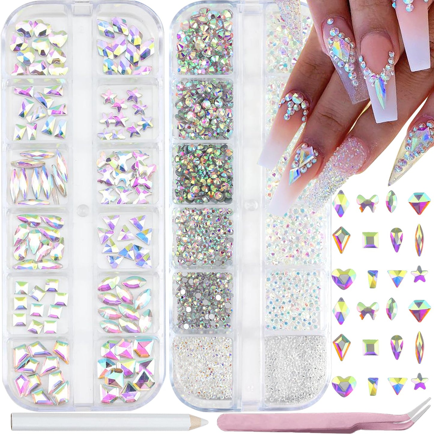 SEMATA Flatback Nail Art Rhinestones Charms Transparent AB Crystal Nail Gems Rhinestones Diamonds Multi Shapes Nails Stone Mixed Size Nails Art Charms Accessories Decoration Design for Women