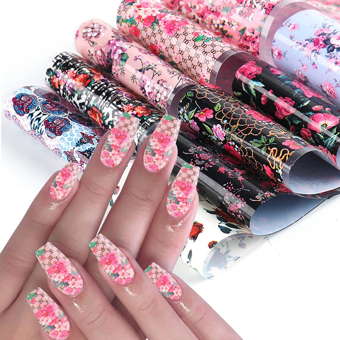 Flowers Holographic Nail Foil Stickers Decals, Floral Nail Polish Sheets Sky Starry Paper Transfer Foils Rose Nails Supplies for Nail Transfer Glue Women Manicure Film Decorations
