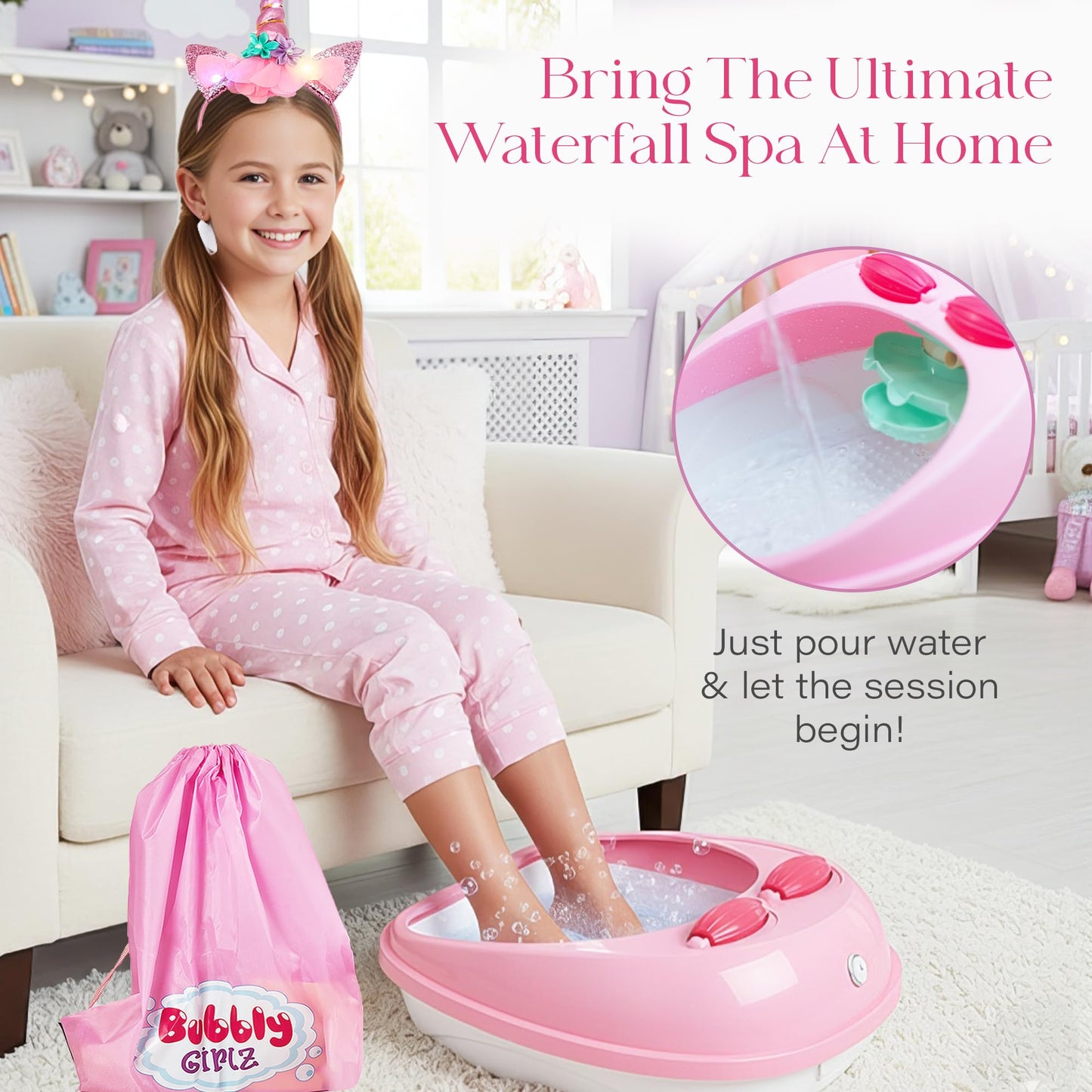Glow in Dark Kids Spa Day Kit for Girls, 42+ Pieces Waterfall Foot Spa Toys, Nail Spa Kit, Pedicure Manicure Accessories, Perfect Spa Kit for Girls Ages 6 7 8 9 10 11 12, Fun Birthday Gifts or Present
