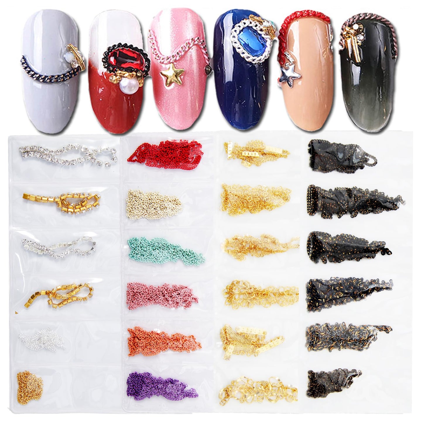 JERCLITY 4 Packs of 24 Strips Nail Chains for Nail Art Gold Silver Black Multi-color Alloy Metal Nail Art Chains Gold Nail Charms Silver Nail Charms Punk Accessories for Women