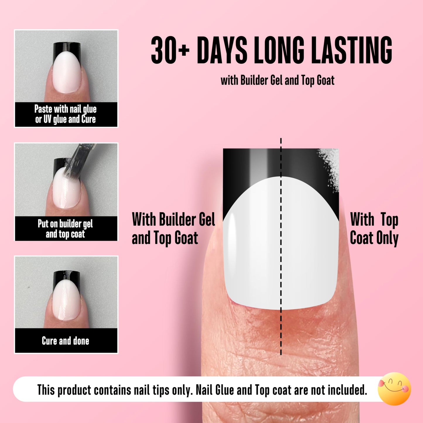 NOVO OVO Short Sharp Square Black French Tip Nail Tips Press on MILKY WHITE, Need Builder Gel Top Coat Nail Glue, Soft Gel Fake Nail Extension, Full Cover False Nails for Salon DIY x 15 Sizes 240 pcs