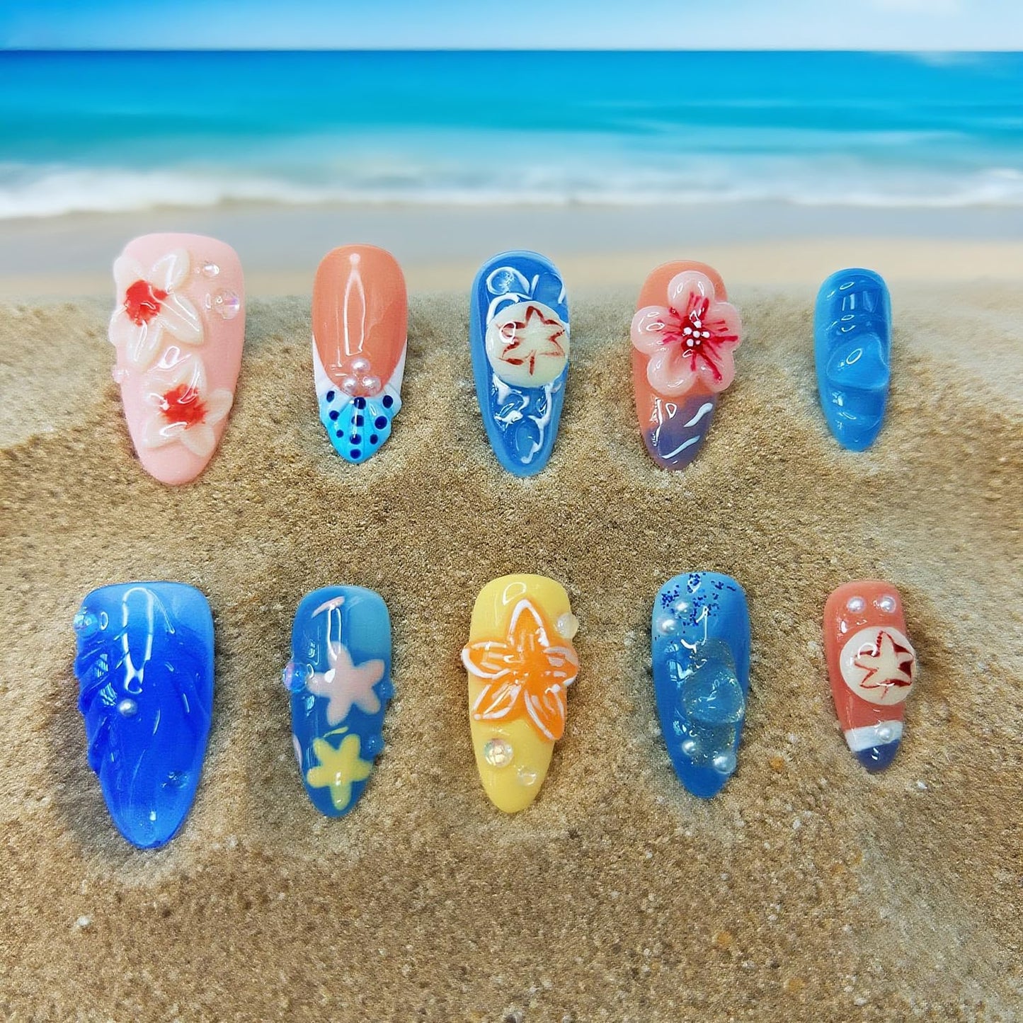 Handmade Press on Nails Medium Almond Fake Nails Summer Sea 3D Luxury Cute Flower Full Cover Stick on Nails Floral Glue on Nails for Women Girls (Blue Ocean M)