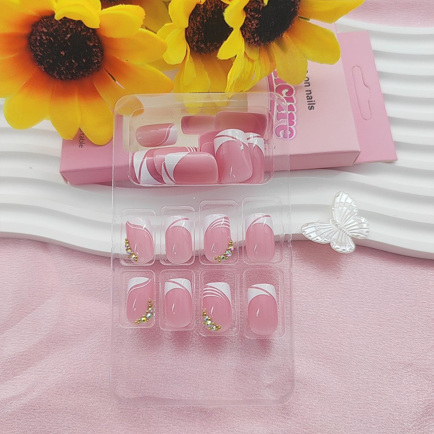 Square Press on Nails Short Fake Nails with Rhinestones Designs White French Tip Nails Press ons Glossy Glue on Nails Pink Full Cover Stick on Nails for Women 24Pcs