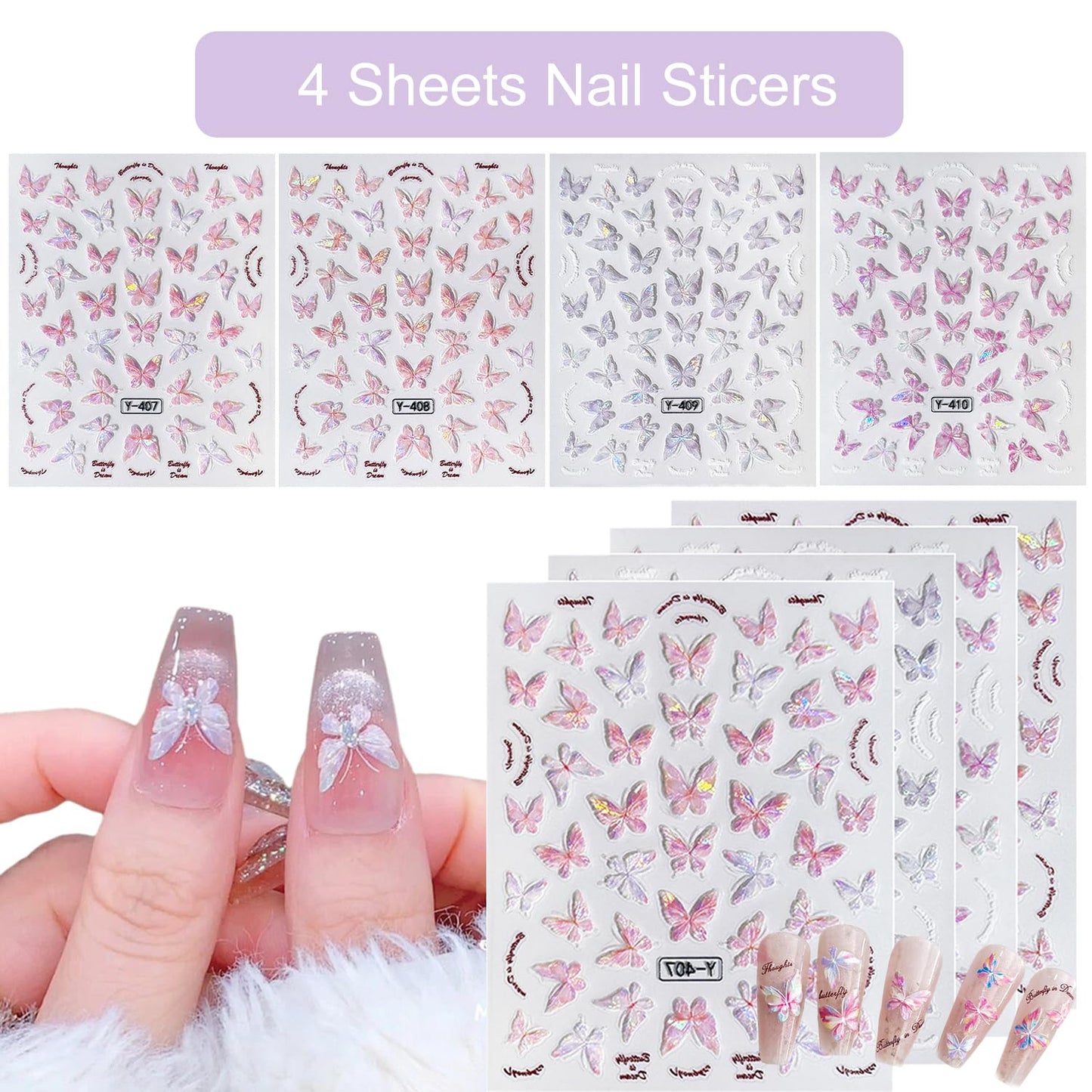 GZMAYUEN Nail Chrome Powder Nail Art Kit, 4 Color Chrome Powder for Nails, 15Pcs Nail Brushes for Nail Art, 4 Sheets Butterfly Nail Stickers, 4 Boxes Nail Charms Accessories