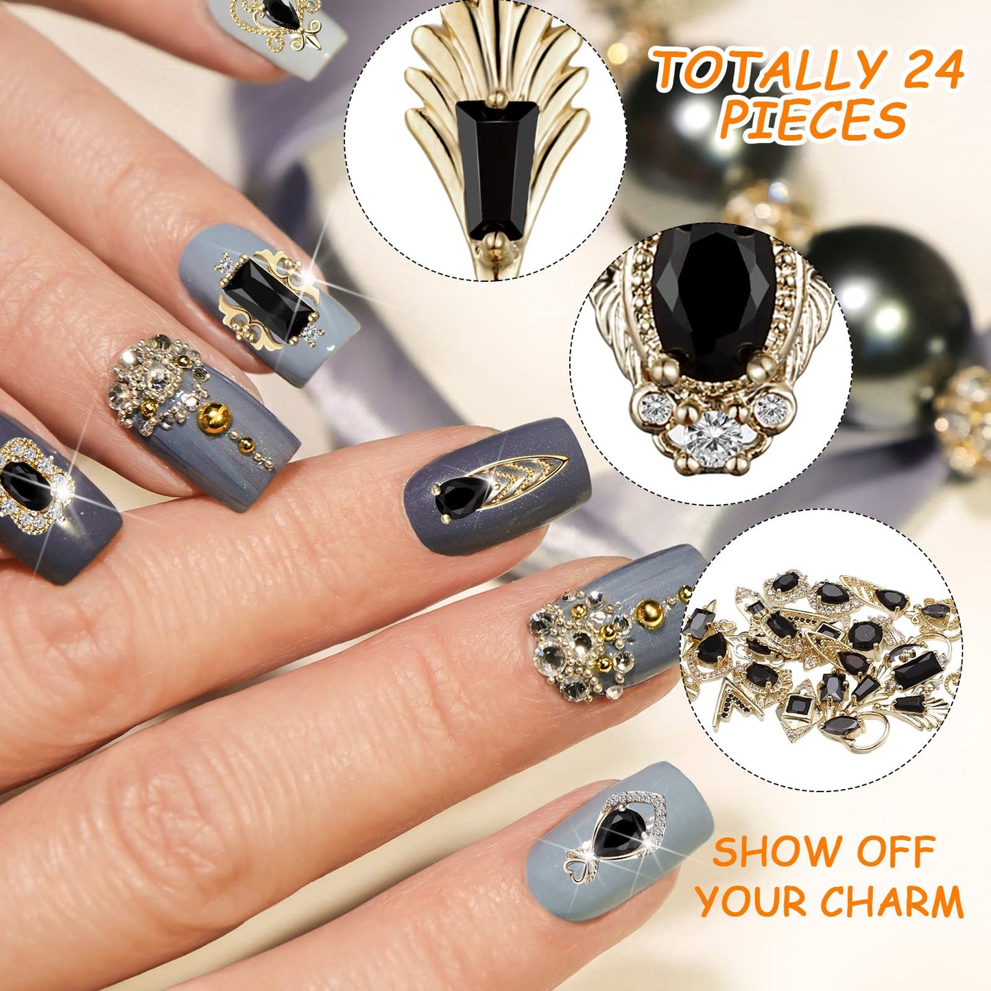 Leelosp 24 Pieces 3D Nail Charms Gold Luxury Black Rhinestones Nail Charms for Acrylic Nails Black Zircon Jewels Crystals Rhinestones with Storage Box for DIY Craft Art