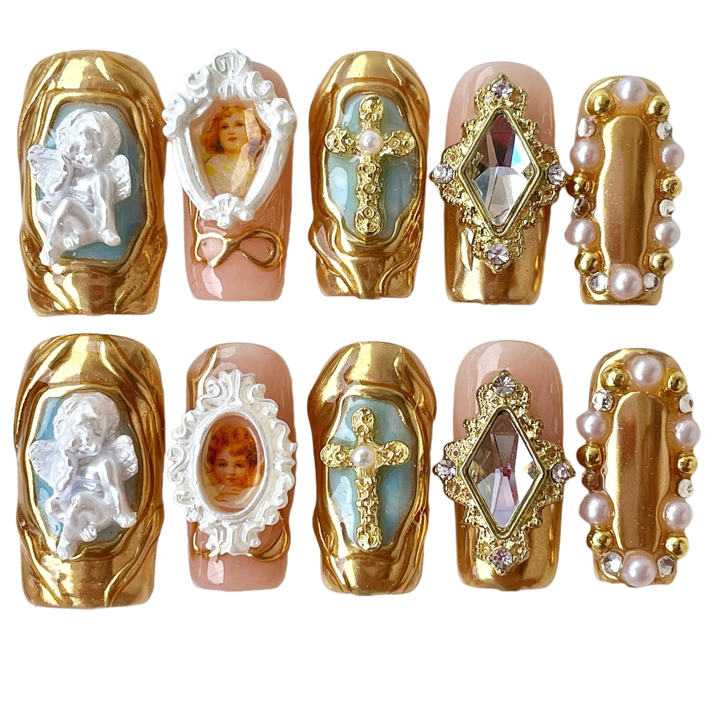 Handmade Press On Nails Luxury Baroque Gold Cross, Cherubs & Pearl Frames | Medium/Short Square | Reusable Thick Acrylic False Nails (Baroque, M)