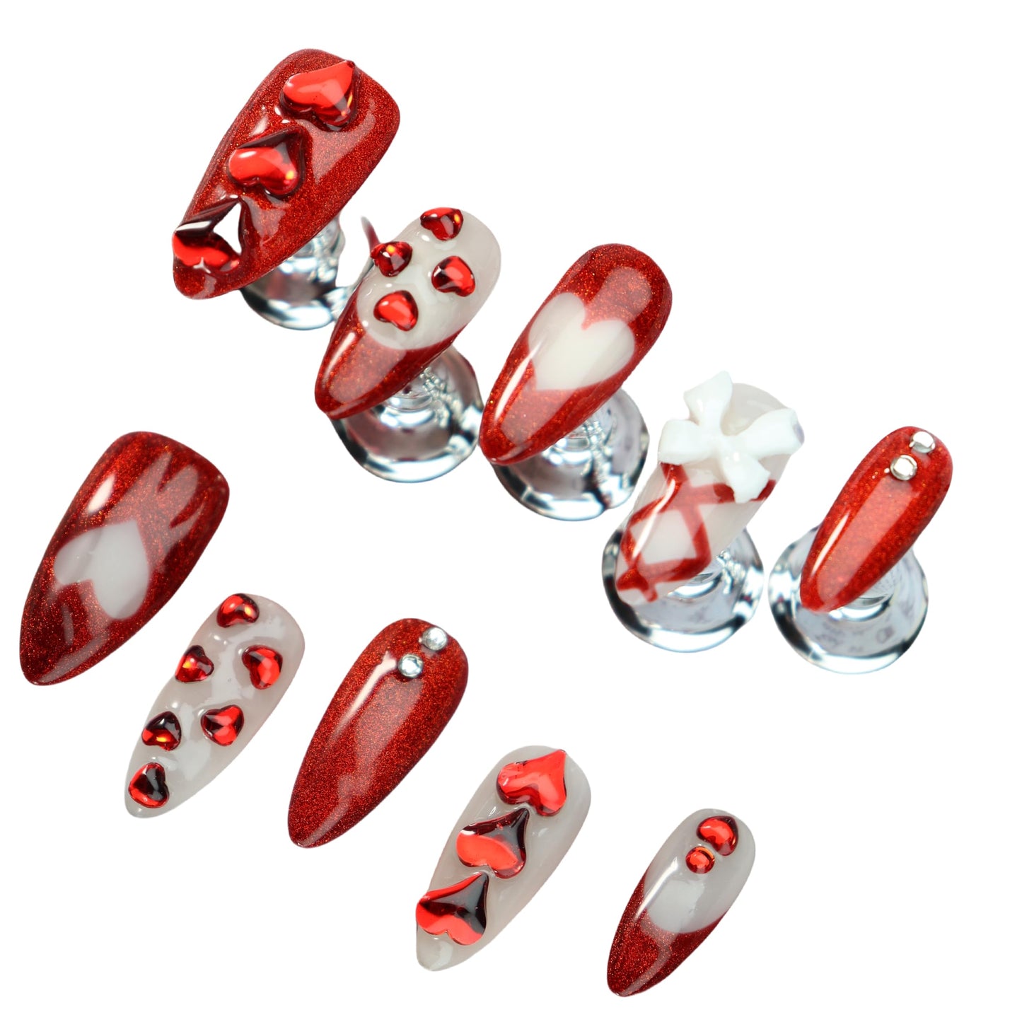 Almond Press on Nails Handmade Medium Long/Stiletto 3D Flower Fake Nail with Designs, Women Reusable False Nails (Glitter Red, S)