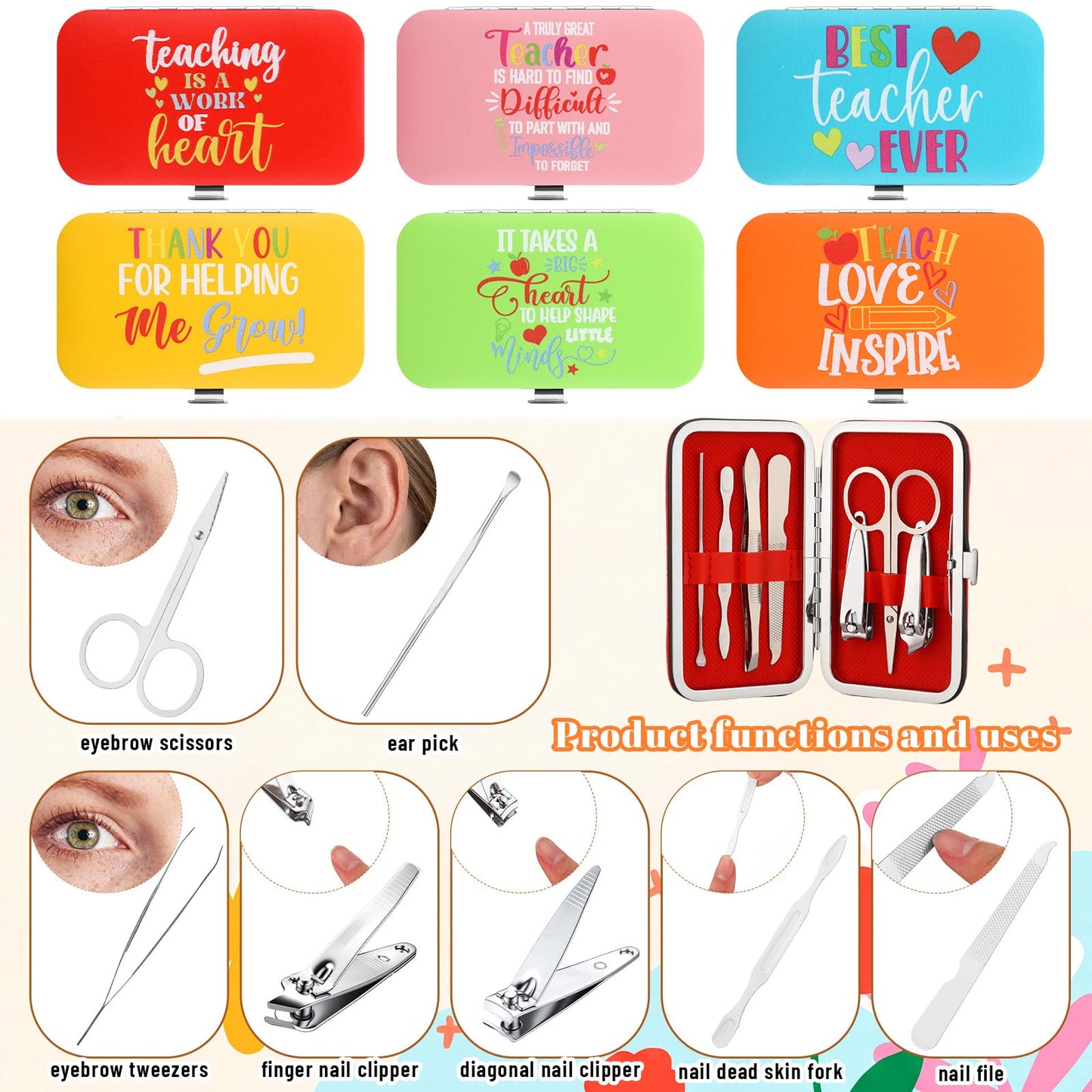 Lanties 24 Sets Teacher Appreciation Manicure Gifts for Women 24 Nail Clippers Pedicure Kit Stainless Steel Grooming Inspirational Kits 24 Bags 24 Cards Thank You Gifts for End of Year Teachers Gift