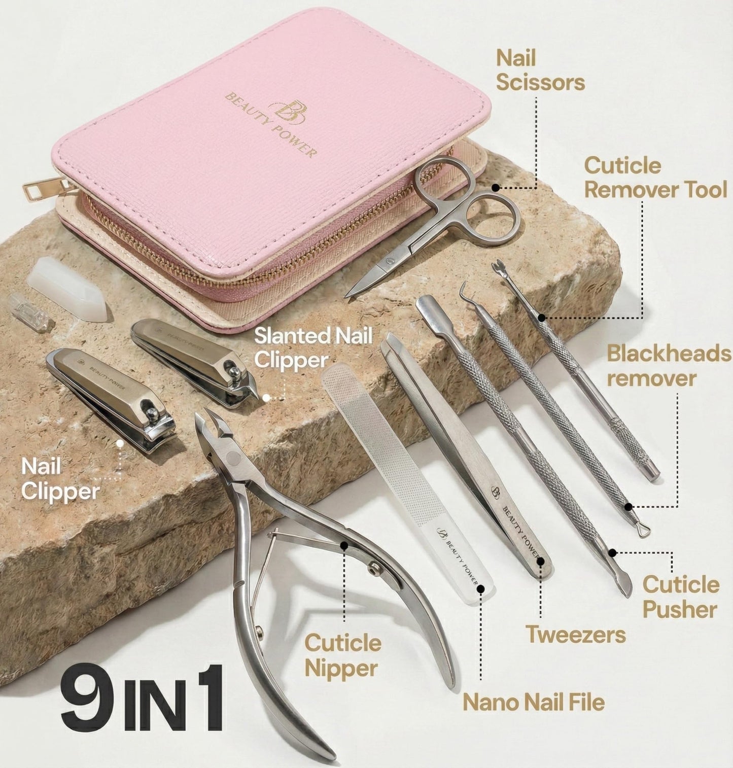 Beauty Power 9 in 1 Professional Manicure Pedicure Set - Stainless Steel Nail Clippers, Nano File, Cuticle Nipper, Scissors, Tweezers, Travel PU Leather Case for Men & Women - Gift Idea - Pink