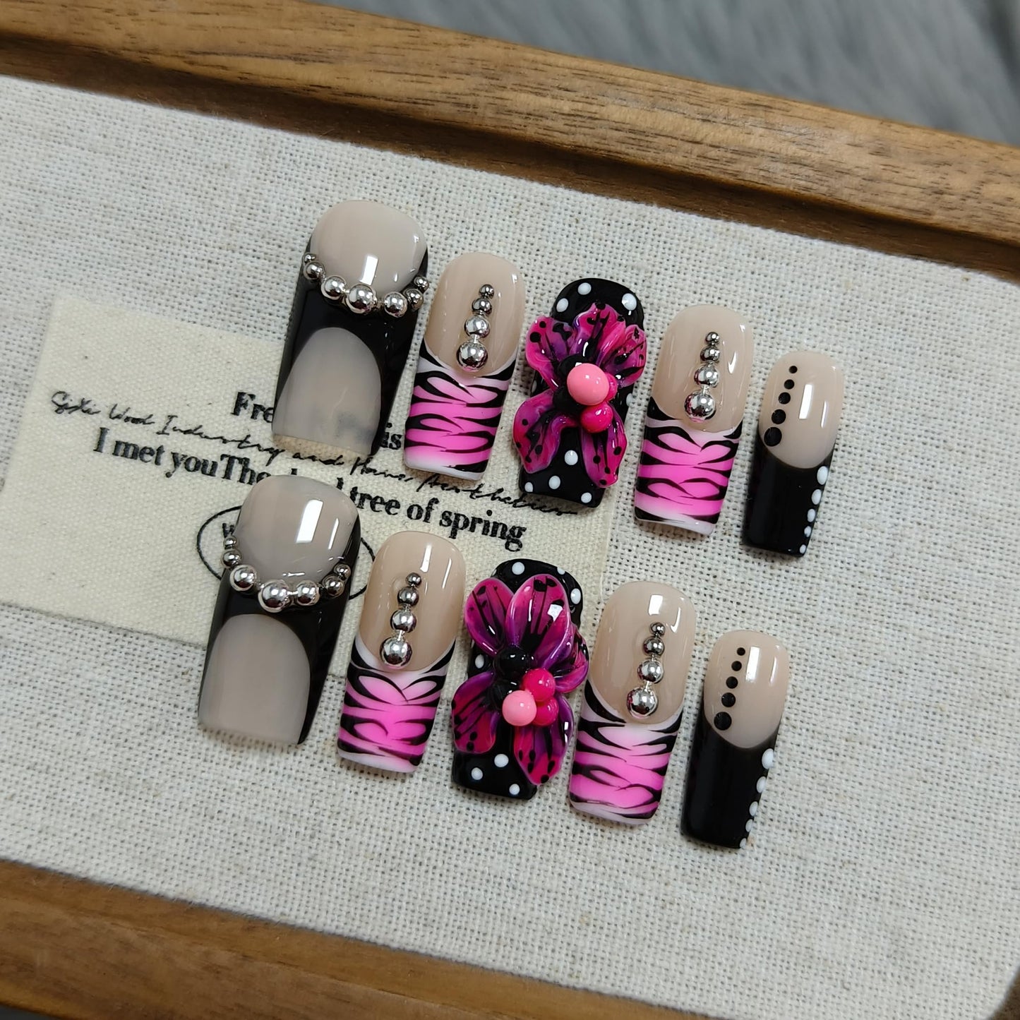 TENPAL Purple Leopard Print French Tip Handmade Press on Nails Medium Coffin 3D Steel Bead Hand Painted Sweet Sexy Reusable Salon Acrylic False Nails for Women Daily Wear 10PCS(L)