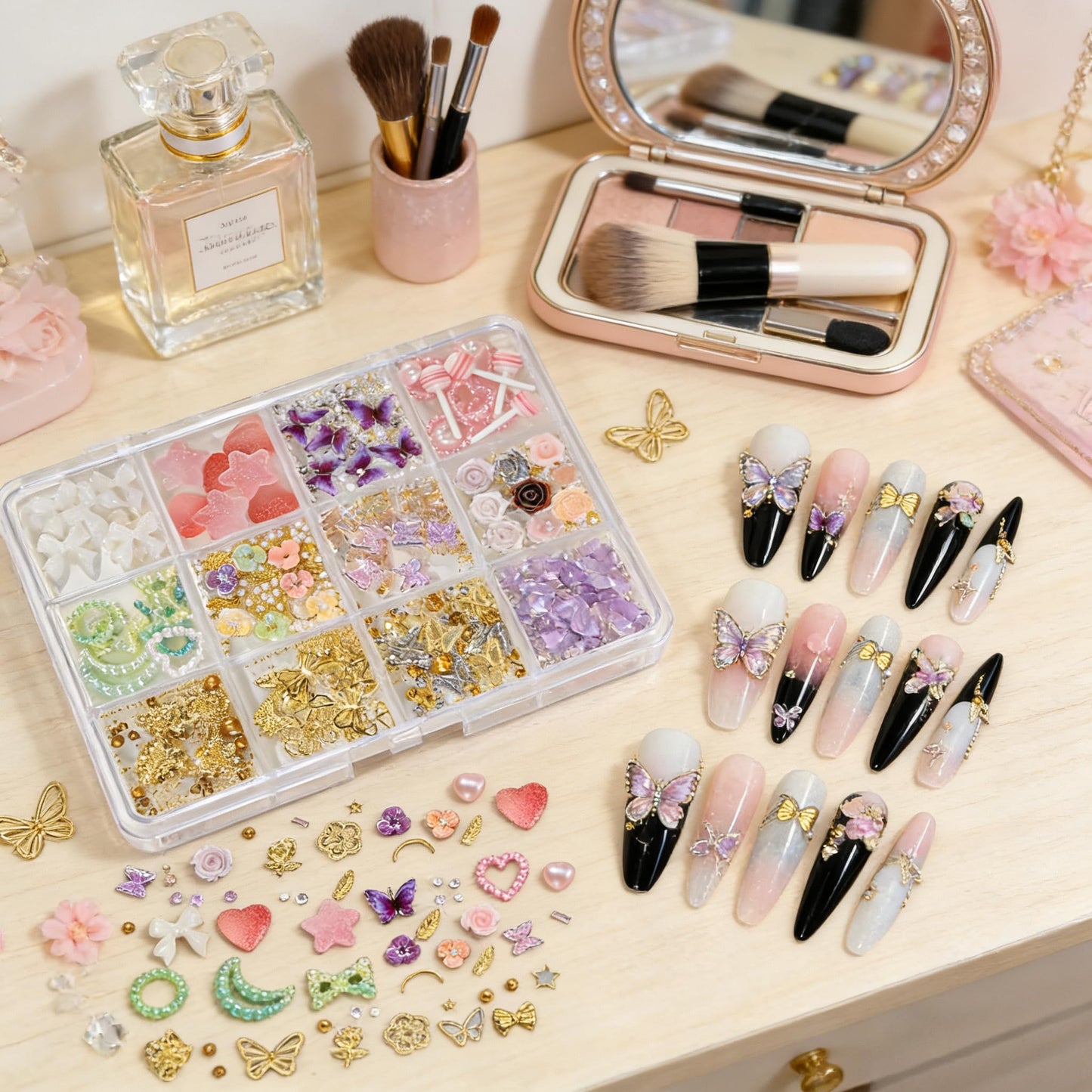 Chunmeng 3D Flat Back Nail Curse Set, Y2K Style, with Metal Butterfly, Peach Heart, Flower, Bow, and Heart Shaped - DIY Nail Decoration and Jewelry Making Mixed Nail Art Gemstone