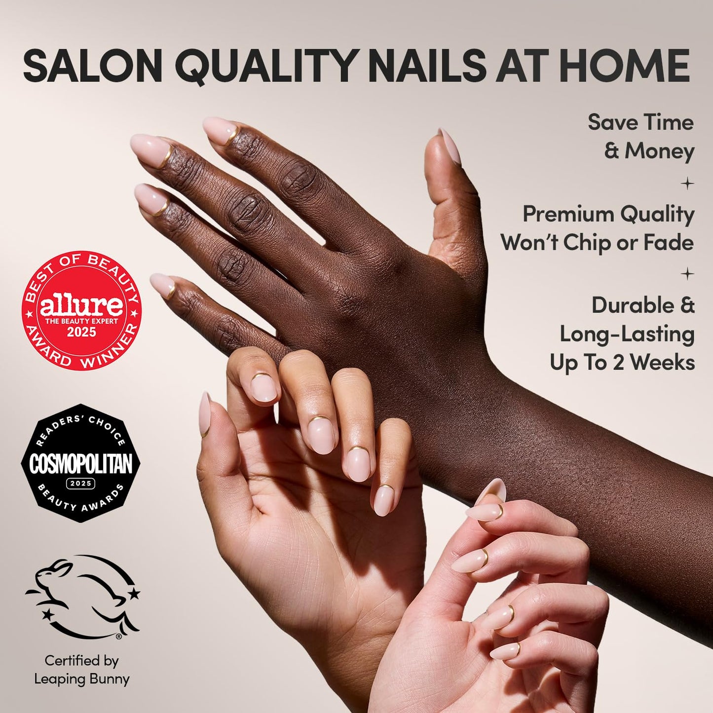 Glamnetic Press-On Nails Bundle - Glam Goals & Goal Digger | 2 Neutral Fake Nails with Gold Reverse French Tip in Short Oval & Short Round | Durable, Salon-Quality Nail Kits