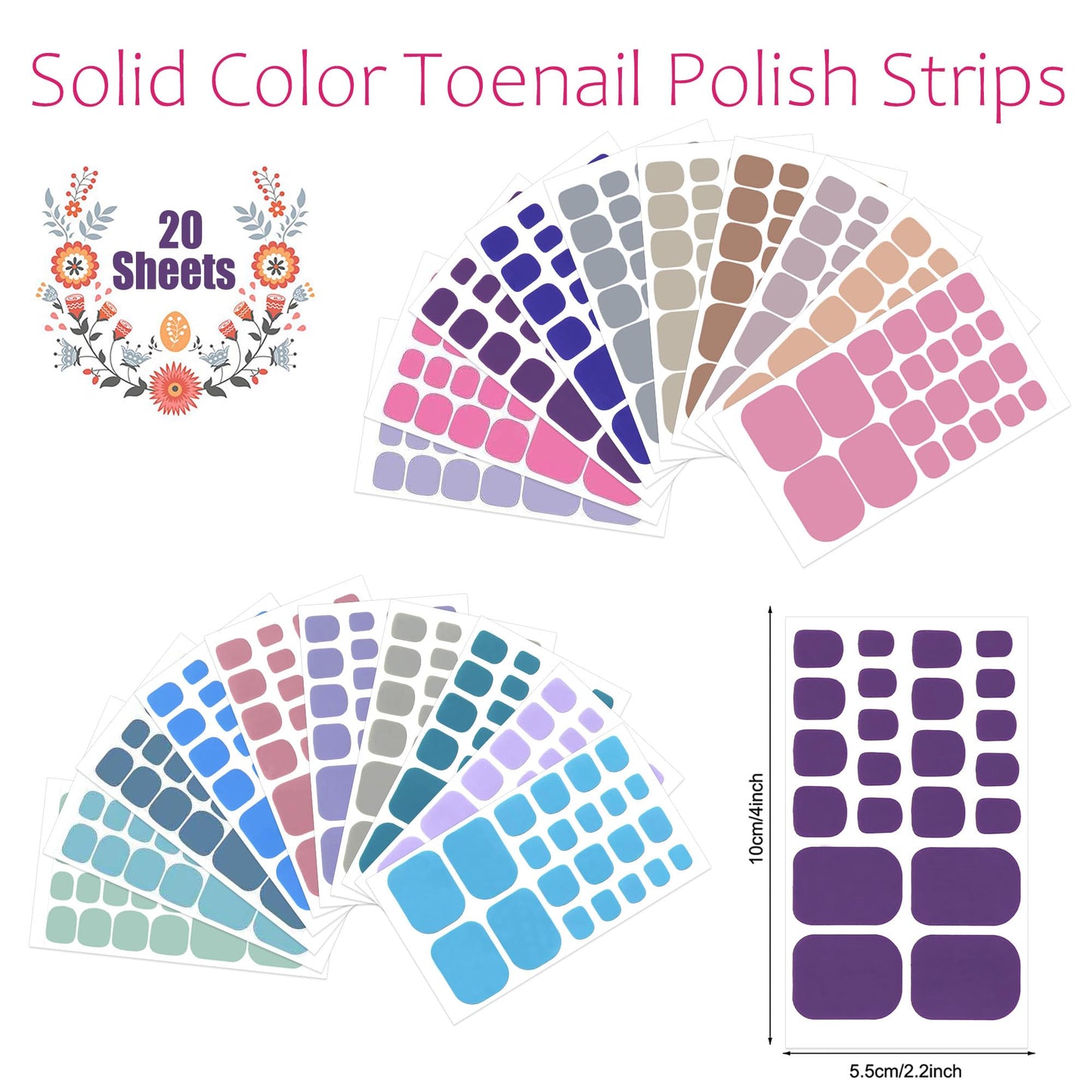 JERCLITY 440 Pieces 20 Sheets Toenail Strips for Women Nail Art Wraps Toe Nail Stickers Nail Wraps for Toes Nail Polish Strips Nail Polish Stickers for Toenails Color Strips