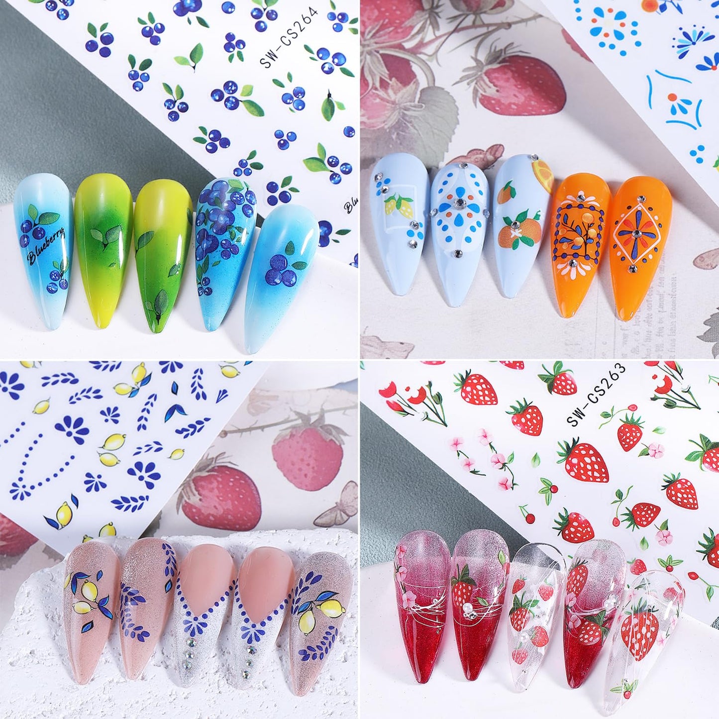 5Sheets Fruit Nail Art Stickers 3D Bohemia Fruit Design Nail Decals Self-Adhesive Flower Pattern Totem Lemon Nail Sticker Summer Strawberry Blueberry Nail Decal for Women DIY Nails Decoration Supplies