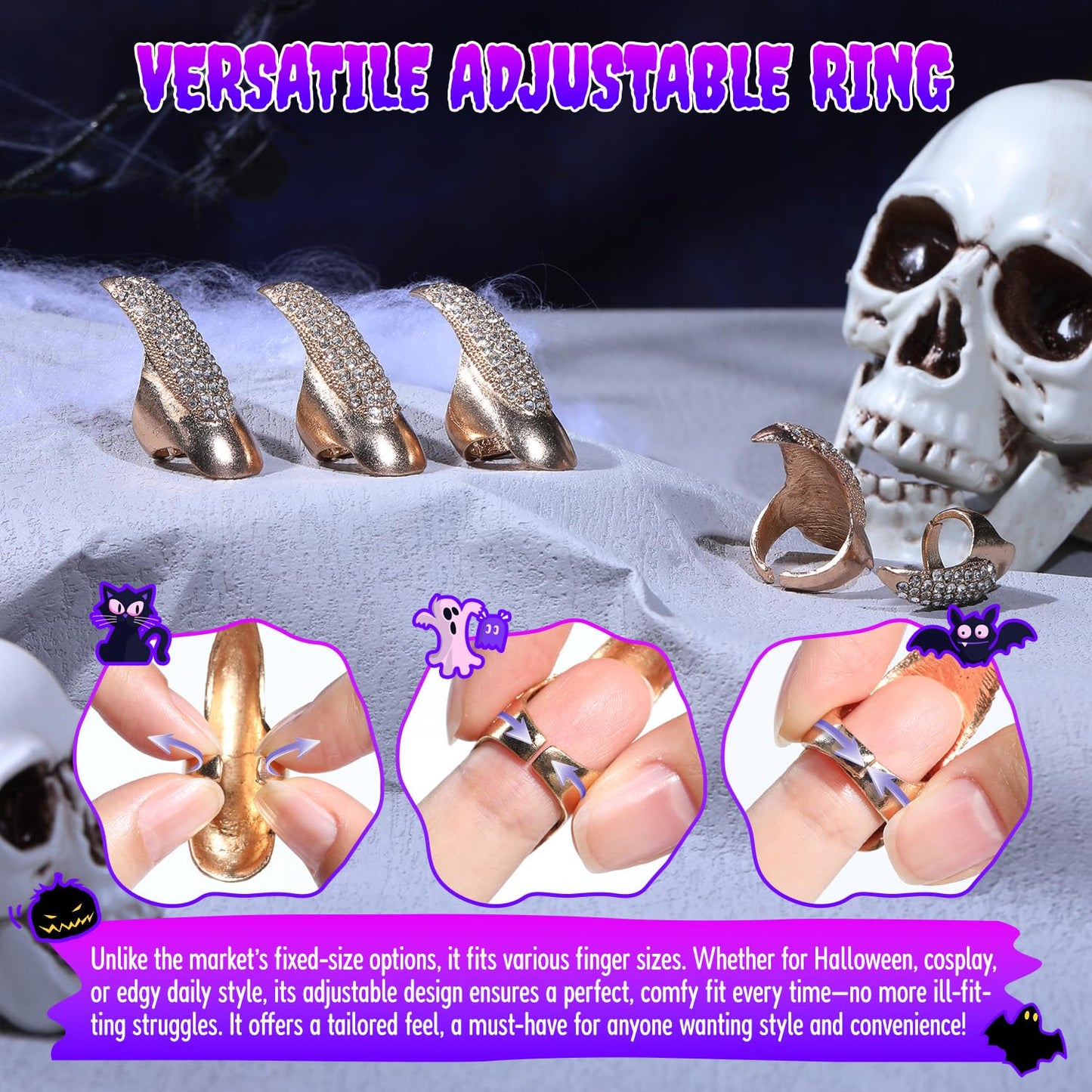 10 Pcs Gothic Punk Halloween Costume Accessories Adjustable Claws Ring Set, 3 Sizes Fake Nails Crystal Full Finger Rings for women Men Nail Art Vampire Cat Wolf Cosplay Party (Golden)