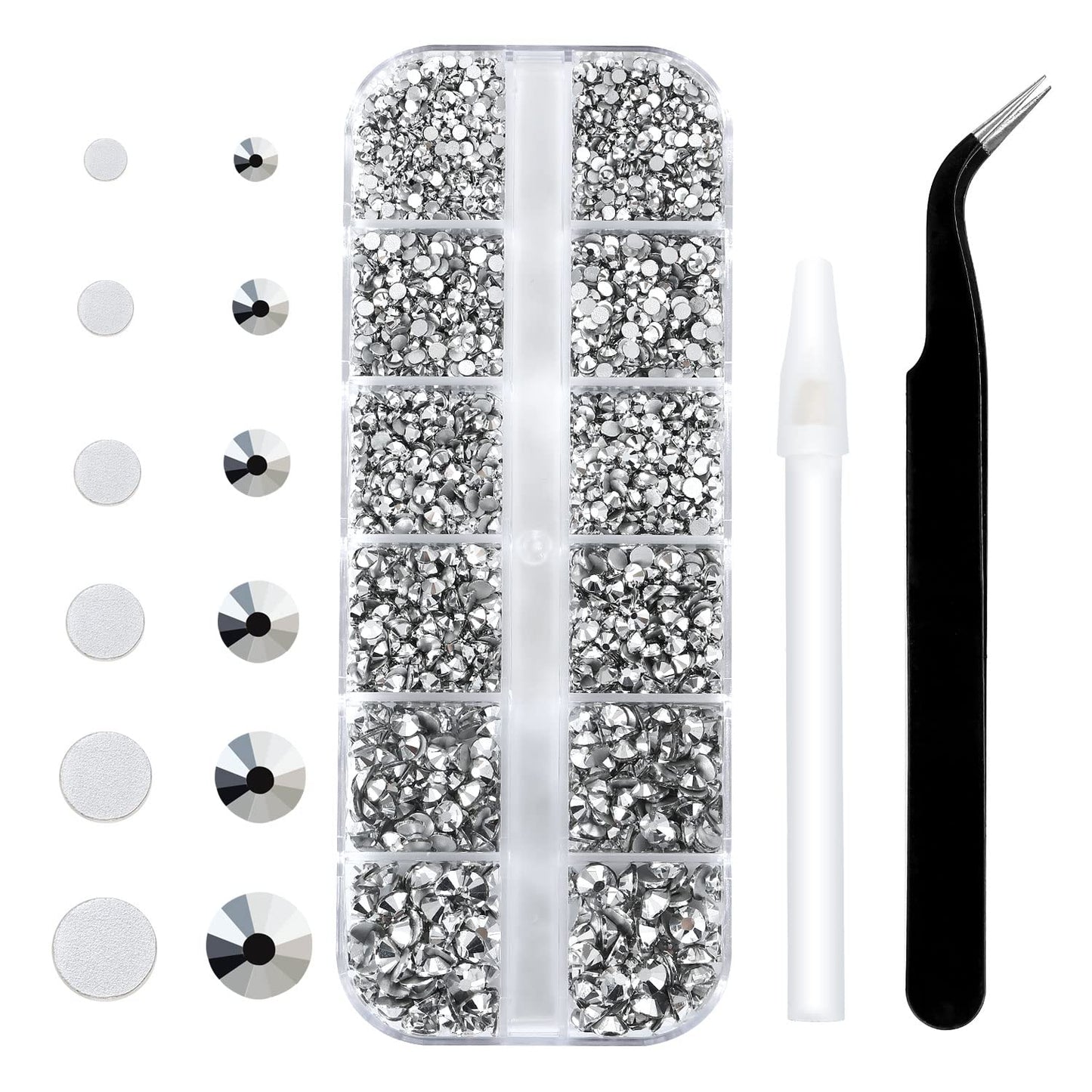 Meibite Silver Glass Flatback Rhinestones for Nails, Crafts & Clothes – 4240PCS 6 Sizes (SS6–SS20) Crystal Gems Kit with Tweezers & Picker, Non Hotfix DIY Rhinestones for Tumblers, Shoes, Nail Art