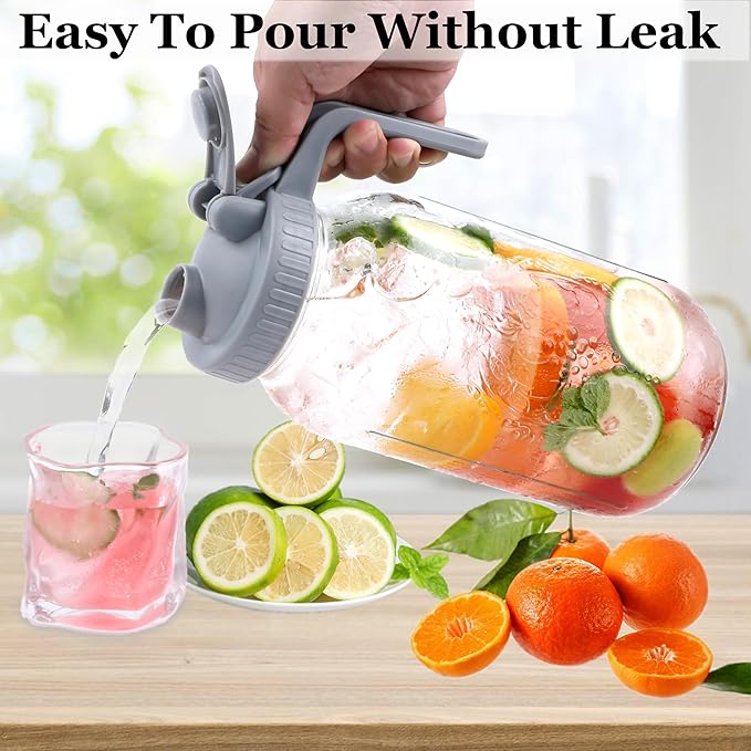 Mason Jar Pitcher Wide Mouth 2 Pack 32 OZ Glass Jars With Pour Spout Lids Airtight Leak-proof 1 Quart Water Pitcher With Handle For Iced Tea, Milk, Sun Tea, Lemonade, Iced Coffee