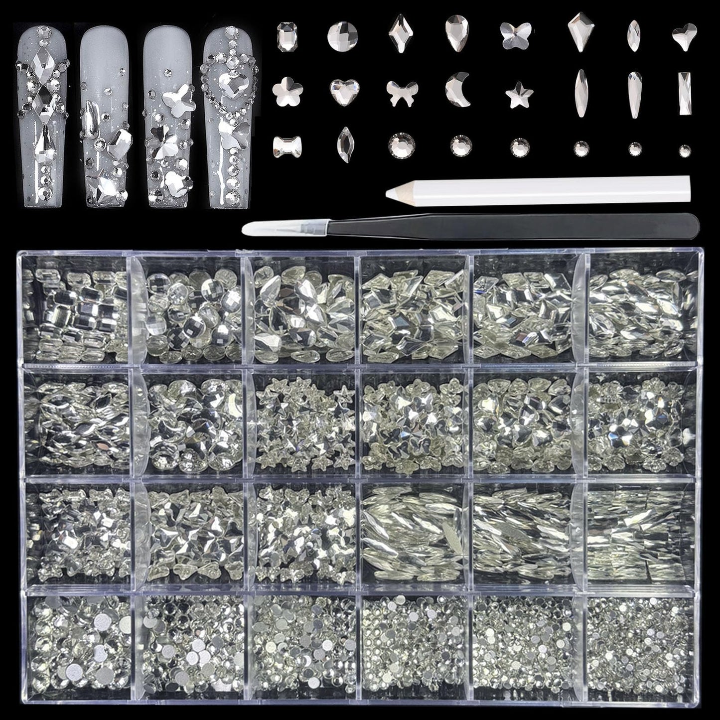 18 Types of 900 Special-Shaped Clear Nail Diamonds + 3200 Flat-Bottomed Nail Rhinestones, Nail Crystal Rhinestones Set with Tweezer + Pickup Pen