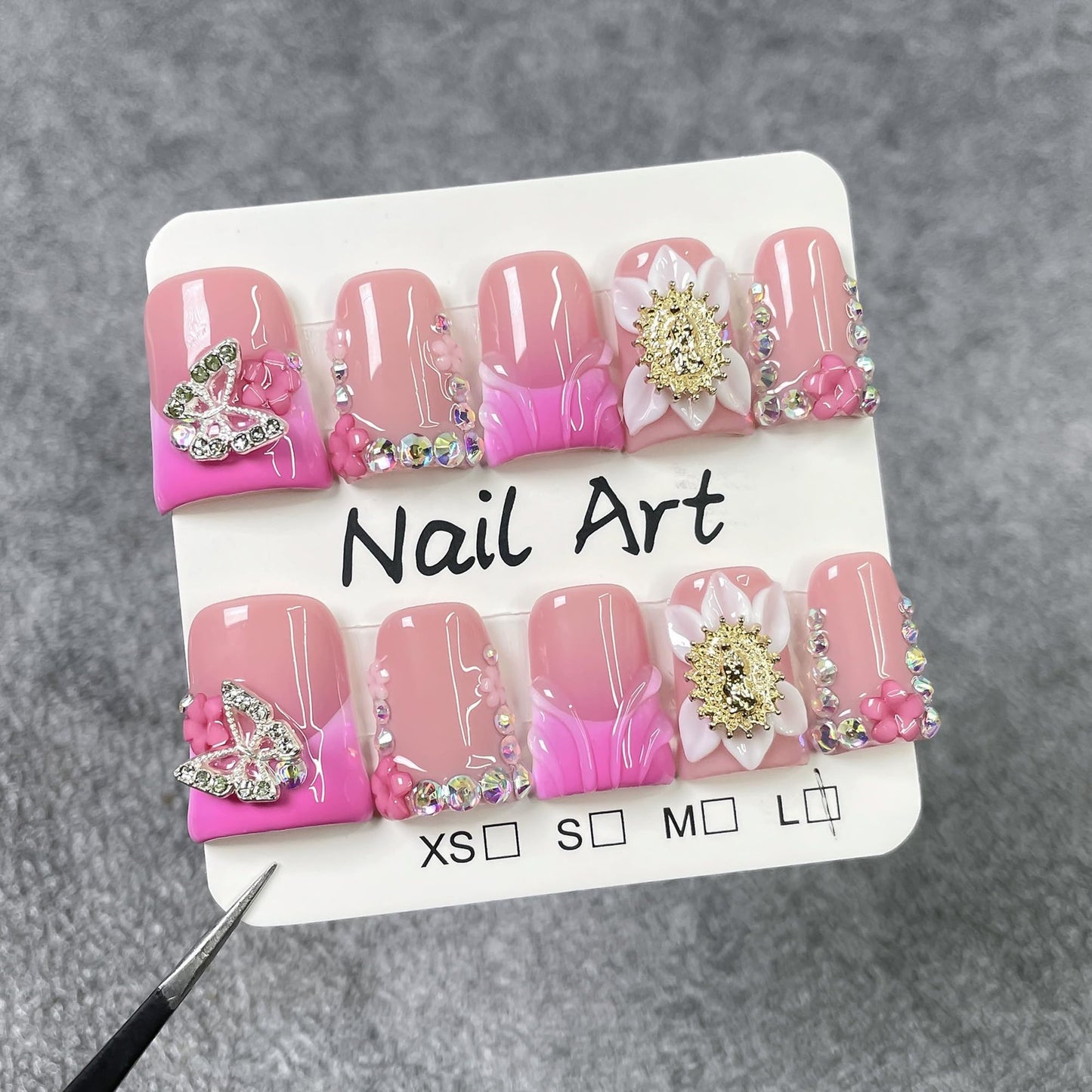 Handmade Press on Nails Duck Medium Fake Nails Pink French Tip Acrylic False Nails with 3D Flower and Rhinestone Butterfly Design Duck Nails Press ons Luxury Full Cover Stick on Nail for Women (M)
