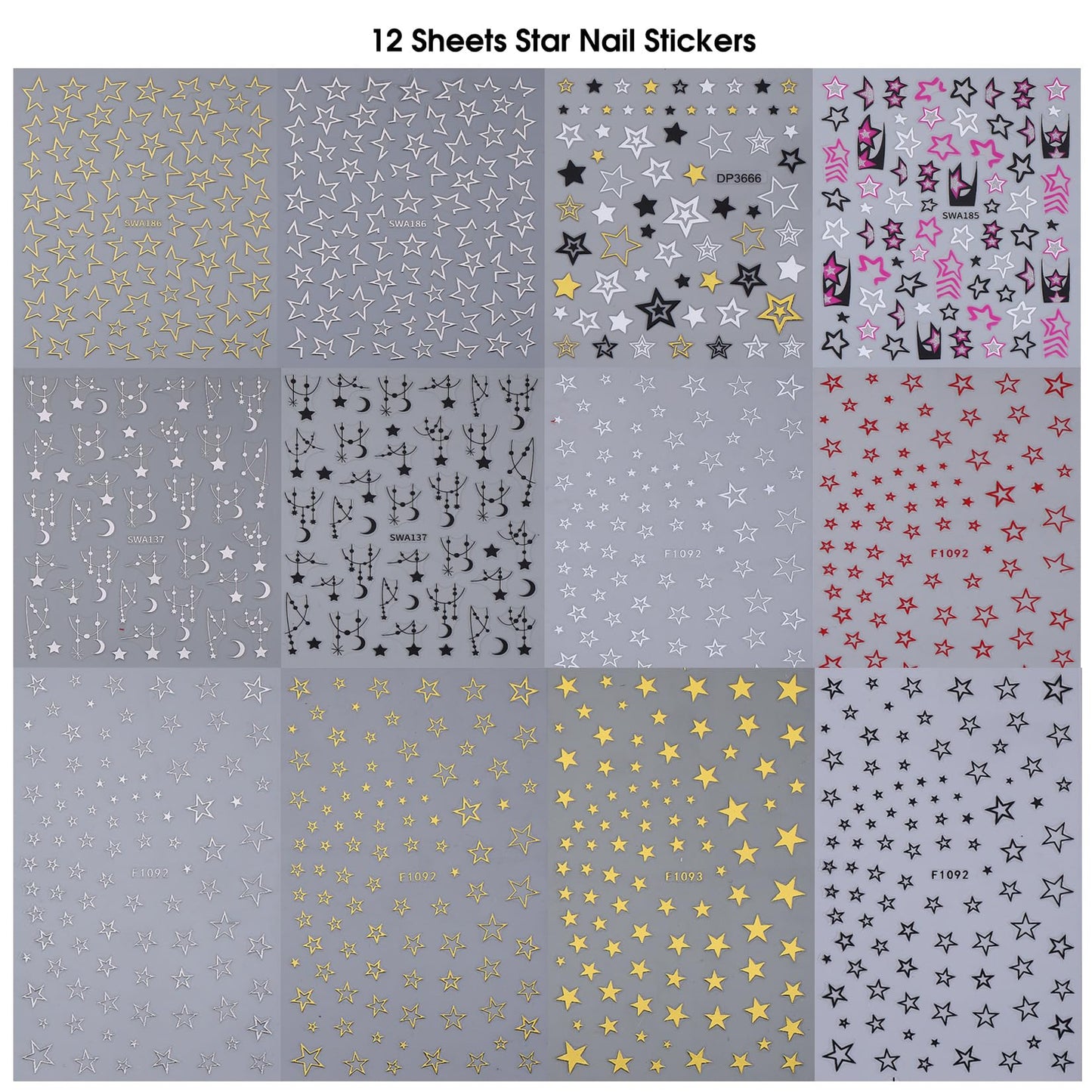 Hollow Star Nail Stickers Decals 12 Sheets Y2K Styles Star Nail Art Stickers Shiny Gold Silver Hot-Pink Black White Stars Nail Designs 3D Self Adhesive DIY Glitters Accessories Manicure Decoration