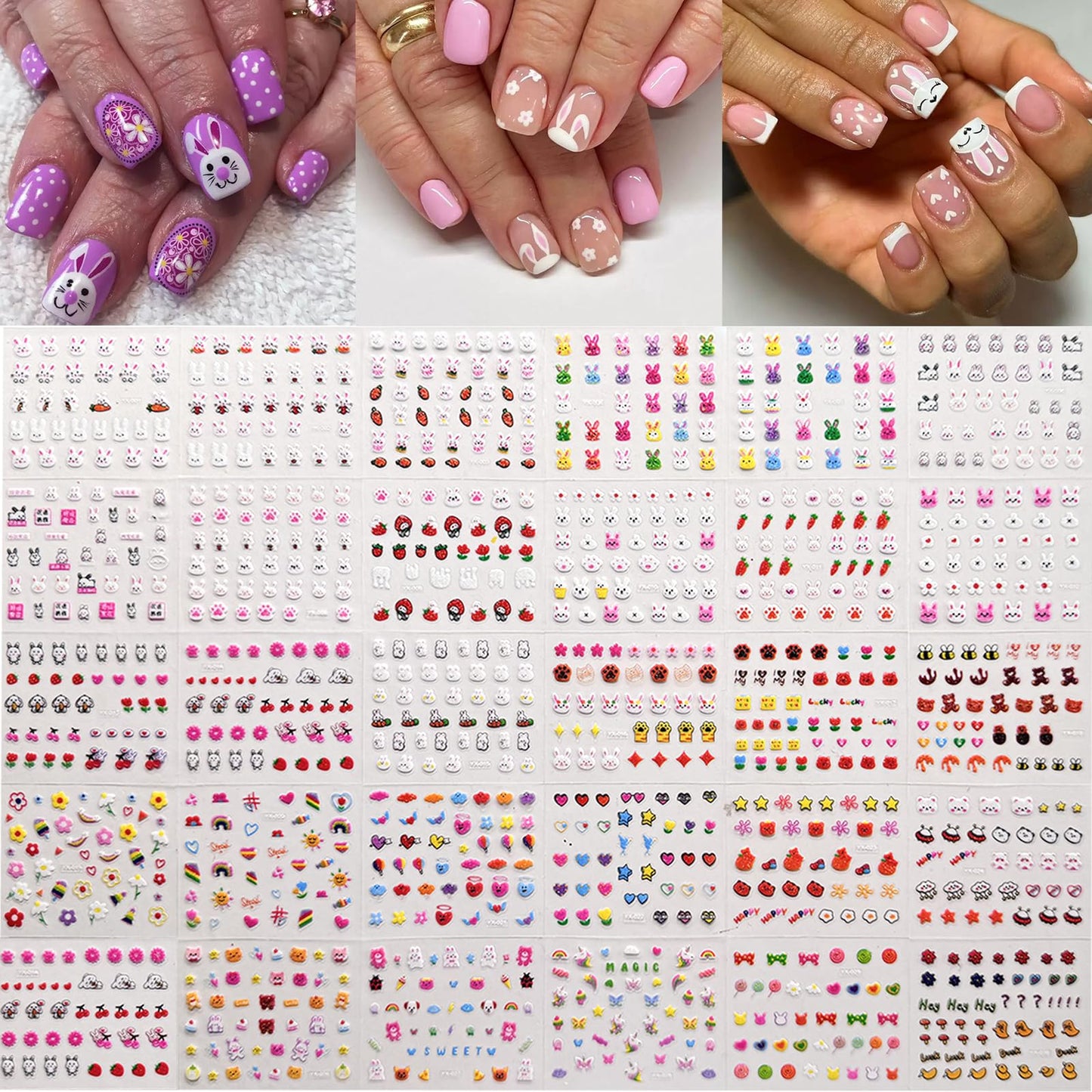30 Sheets Bunny Nail Art Stickers Cute Nail Stickers 3D Self Adhesive Nail Art Supplies Rabbit Strawberries Heart Flower Nail Design Easter Nail Decals for Women Girls Manicure DIY Decorations