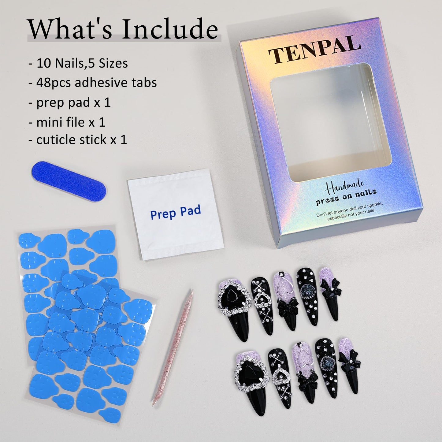 TENPAL Glam Punk Press on Nails Stiletto Almond Long,3D Heart Rhinestones&Metal Chains Designs,Black Glitter Purple Chrome Nails with Full Cover Micro Gems,Y2K Edgy Girly Streetwear Nails,10pcs M