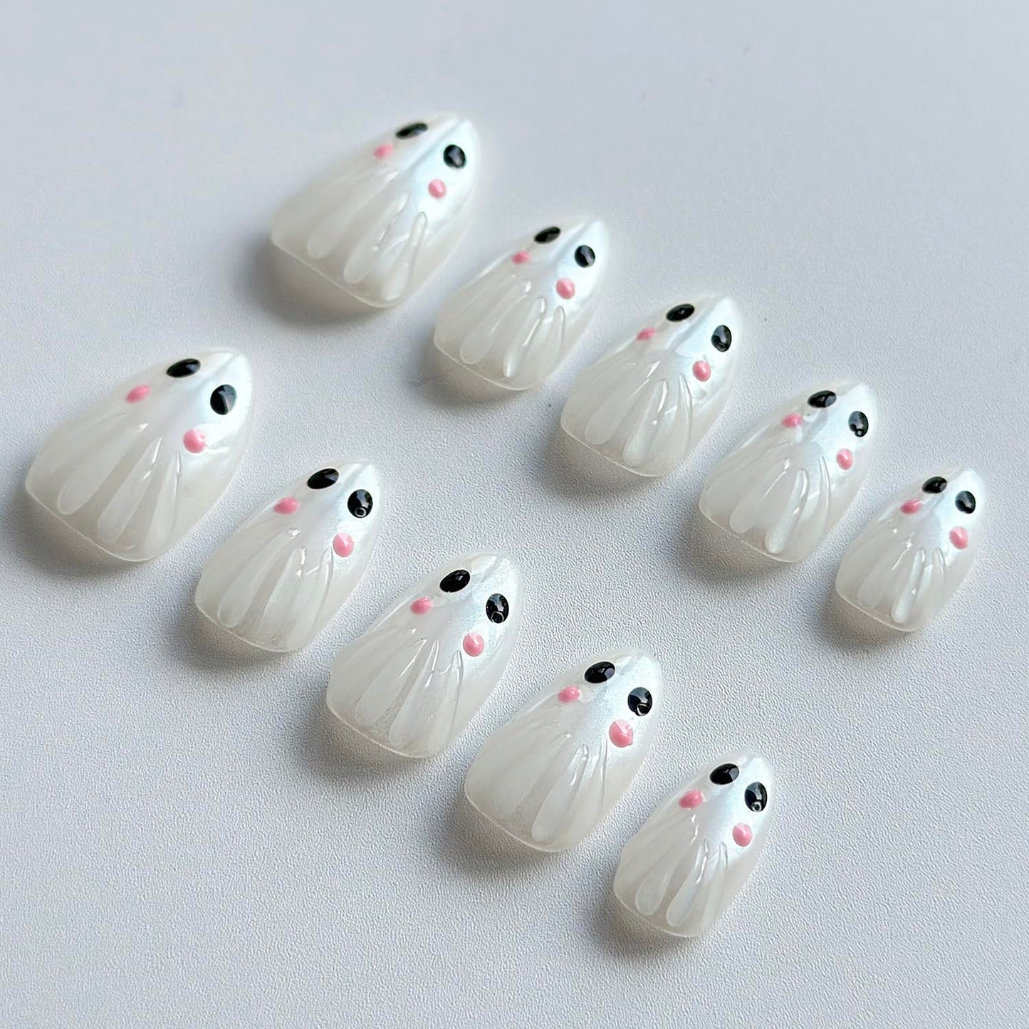 Halloween Press on Nails Medium Almond Handmade Nails 3D Unique Reusable ABS Material Luxury Fake Nails Chrome Cute Little Ghost False Nails with Designs Glossy Glue on Nails Thick Acrylic Nails(M)
